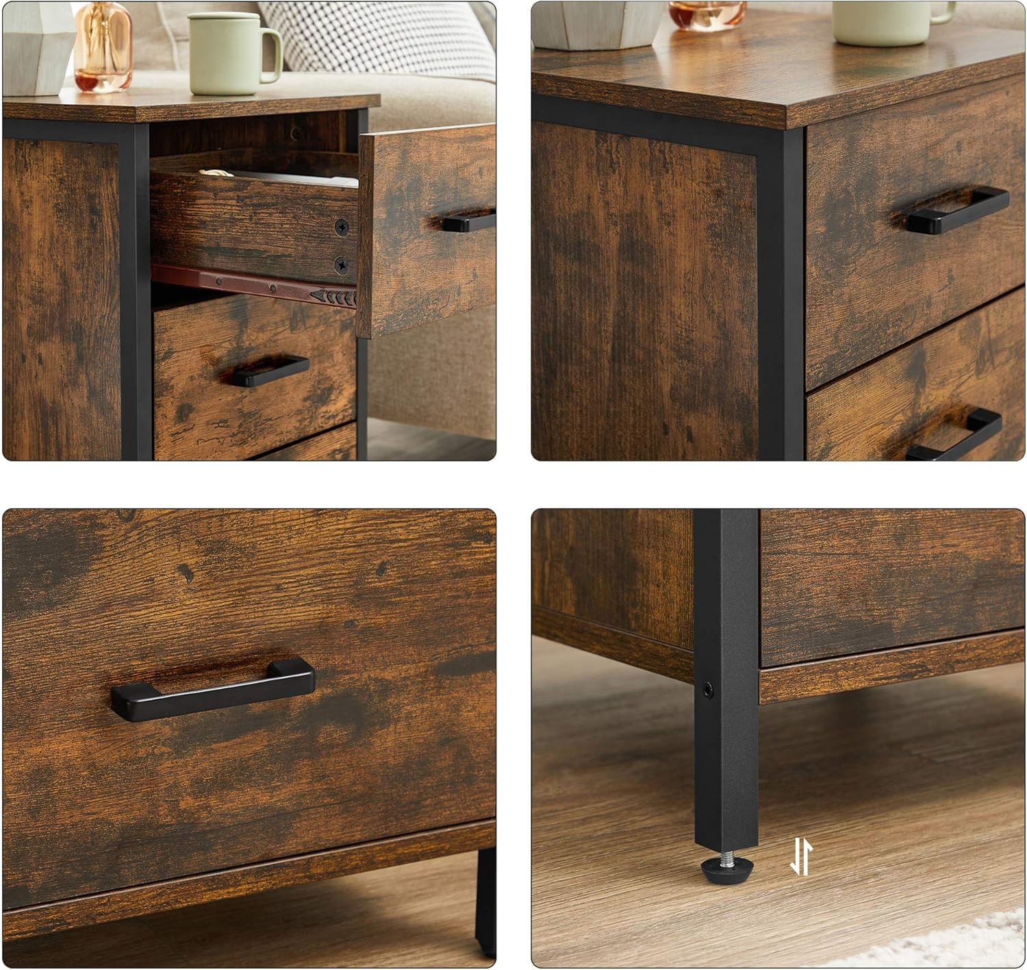 Noptiera cu 3 sertare pentru dormitor, design industrial, 40x40x60cm, maro rustic — imaginea 5