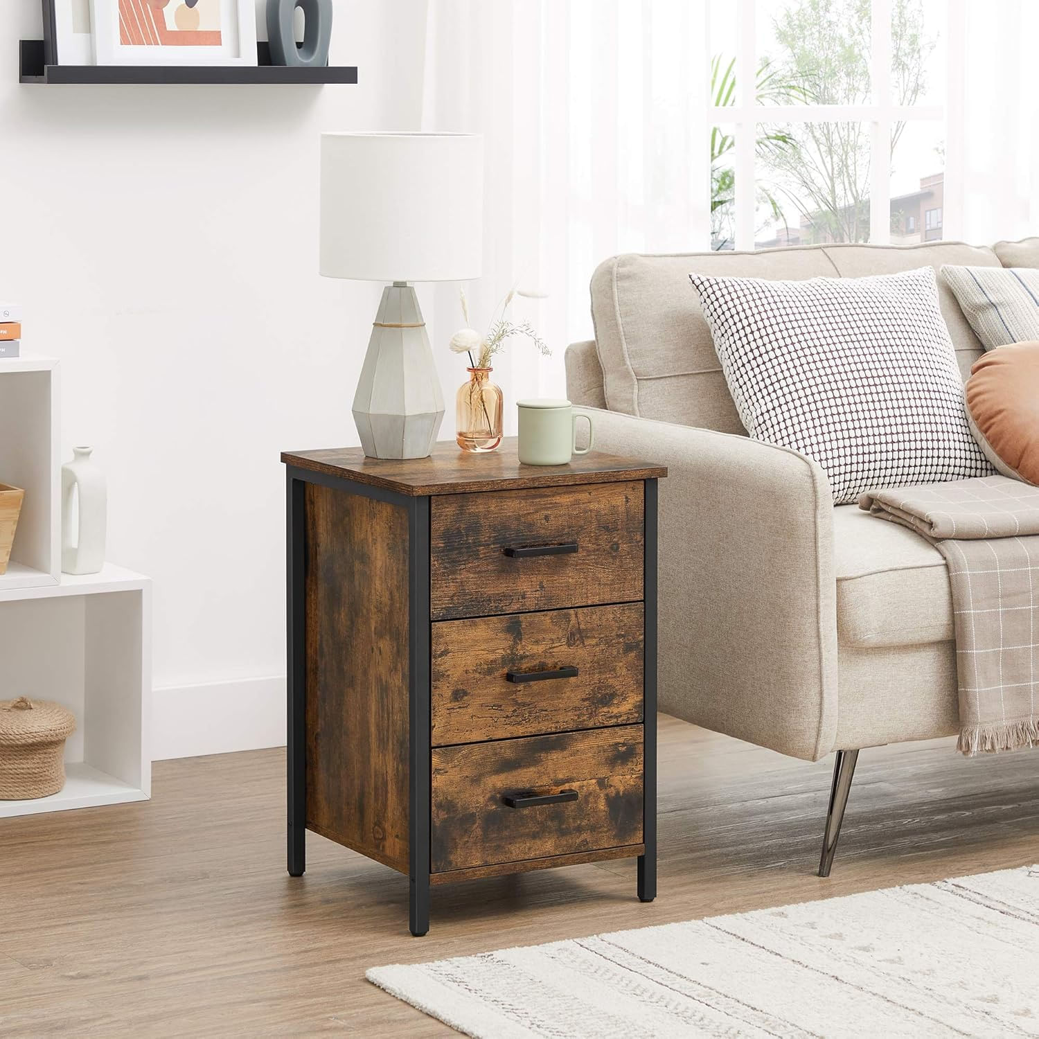 Noptiera cu 3 sertare pentru dormitor, design industrial, 40x40x60cm, maro rustic — imaginea 6