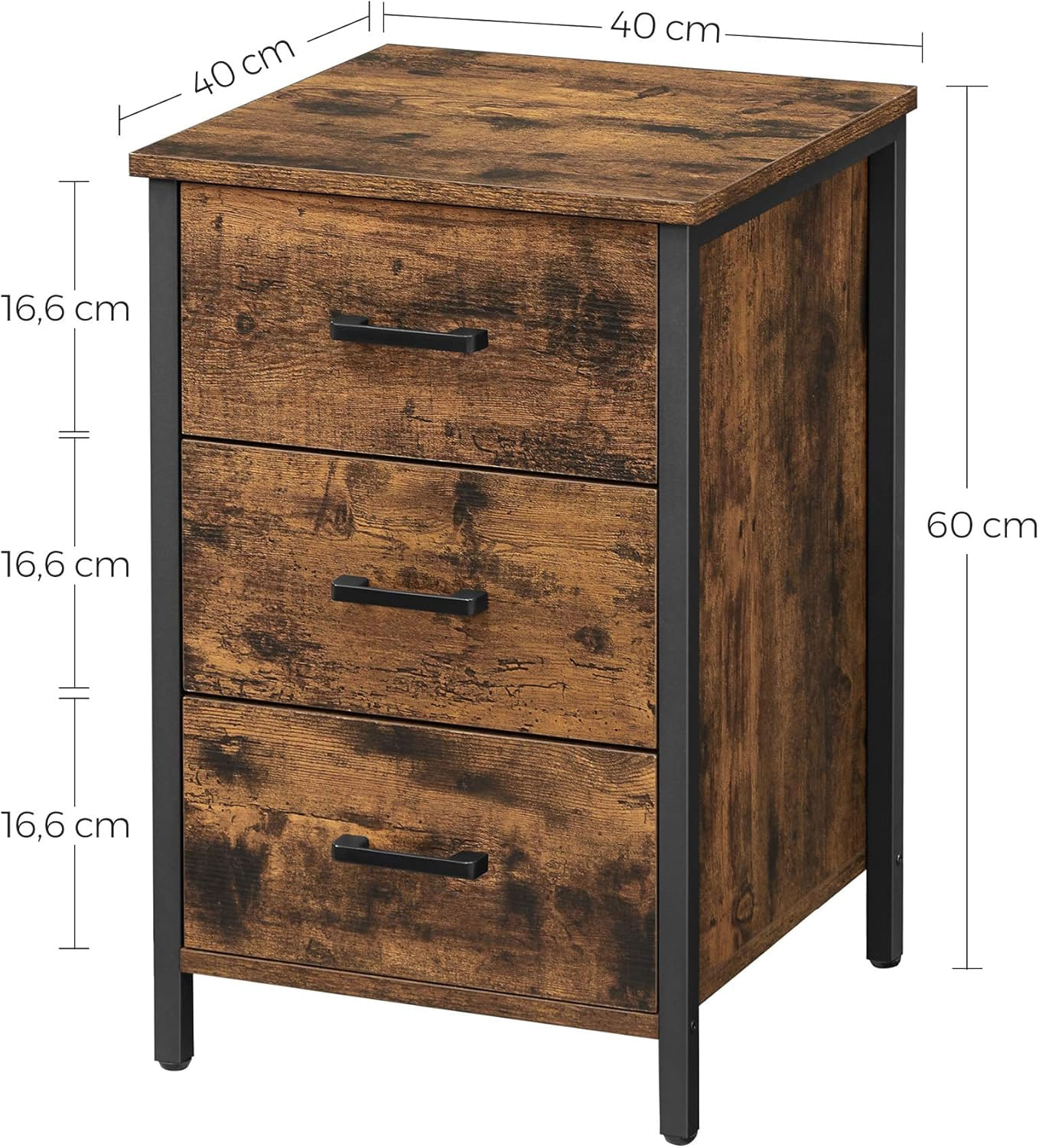 Noptiera cu 3 sertare pentru dormitor, design industrial, 40x40x60cm, maro rustic — imaginea 7
