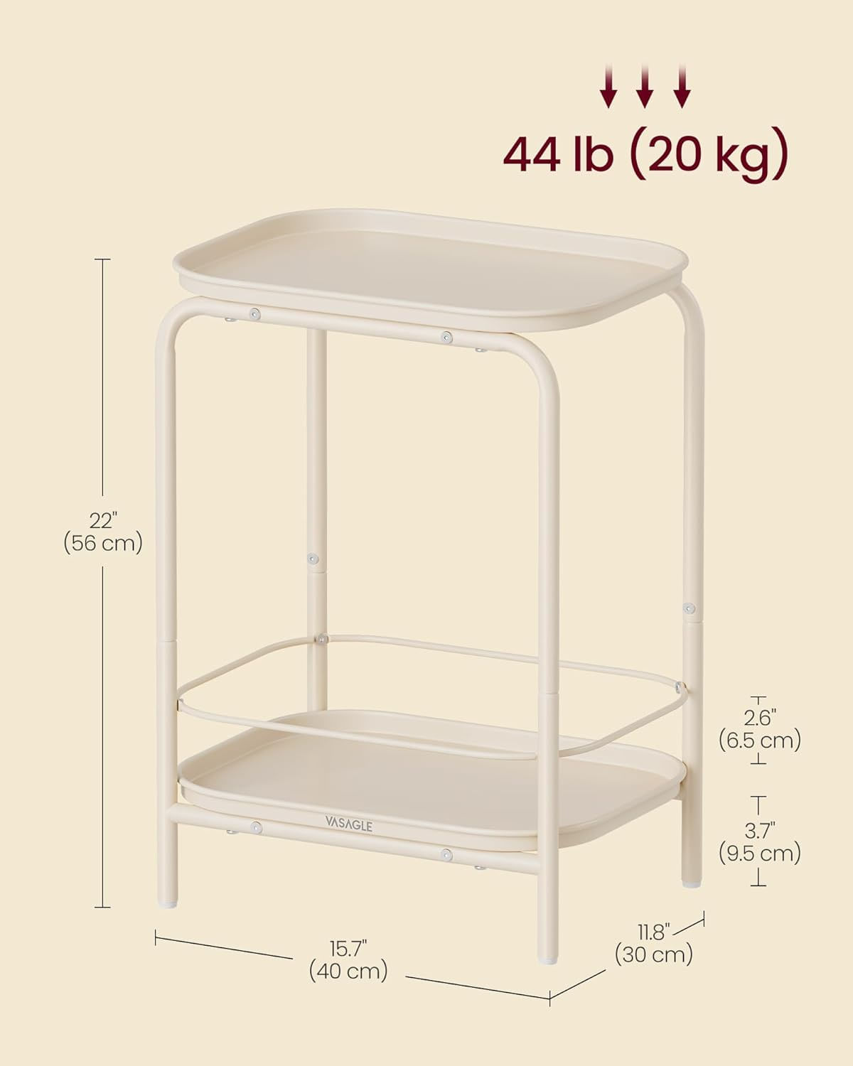 Masuta laterala 40x30x56 cm, cu 2 rafturi, otel rezistent la apa si zgarieturi, crem — imaginea 2