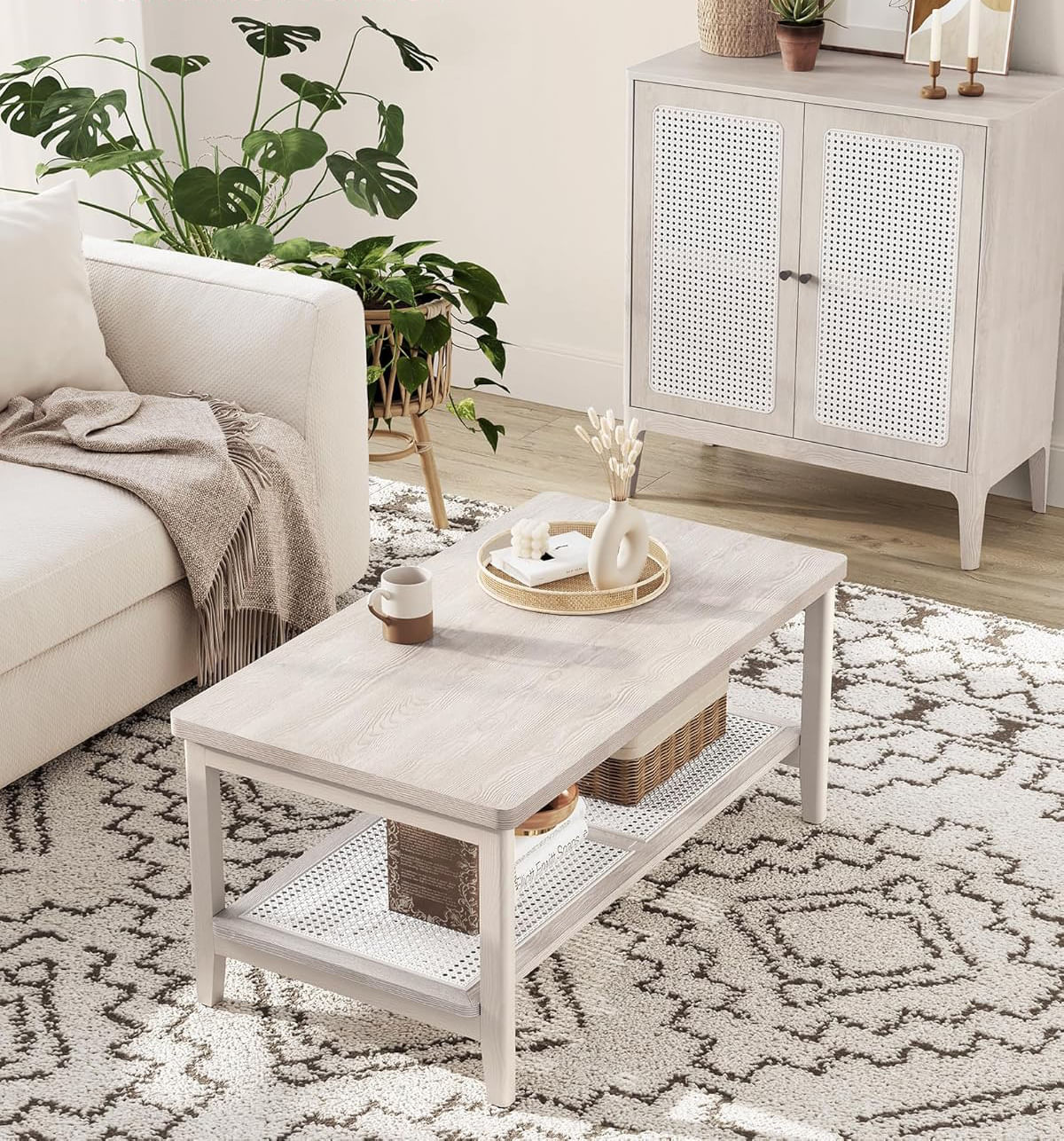 Masuta de cafea, din MDF, cu spatiu de depozitare pe 2 nivele, 55x100x45 cm, stil boho, bej — imaginea 2