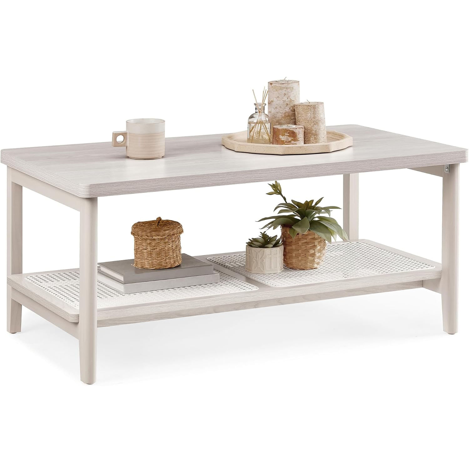 Masuta de cafea, din MDF, cu spatiu de depozitare pe 2 nivele, 55x100x45 cm, stil boho, bej — imaginea 3