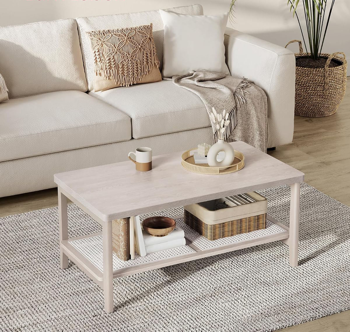 Masuta de cafea, din MDF, cu spatiu de depozitare pe 2 nivele, 55x100x45 cm, stil boho, bej — imaginea 5