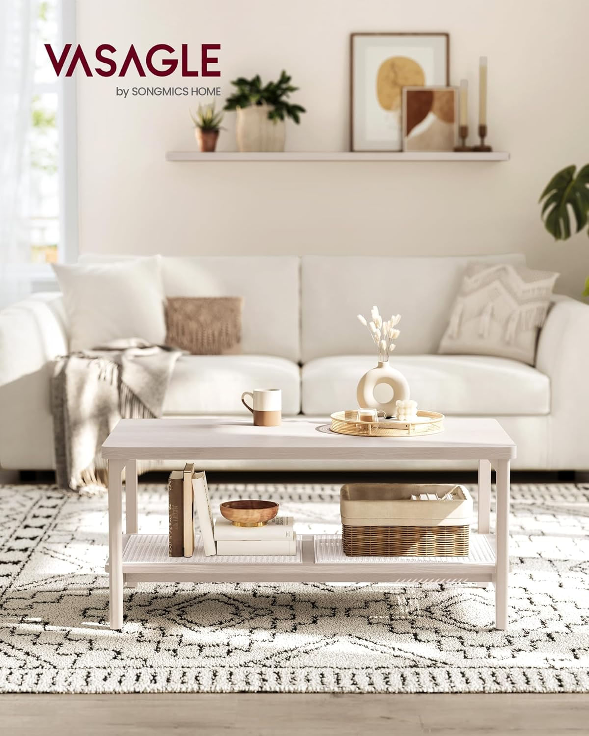 Masuta de cafea, din MDF, cu spatiu de depozitare pe 2 nivele, 55x100x45 cm, stil boho, bej — imaginea 6