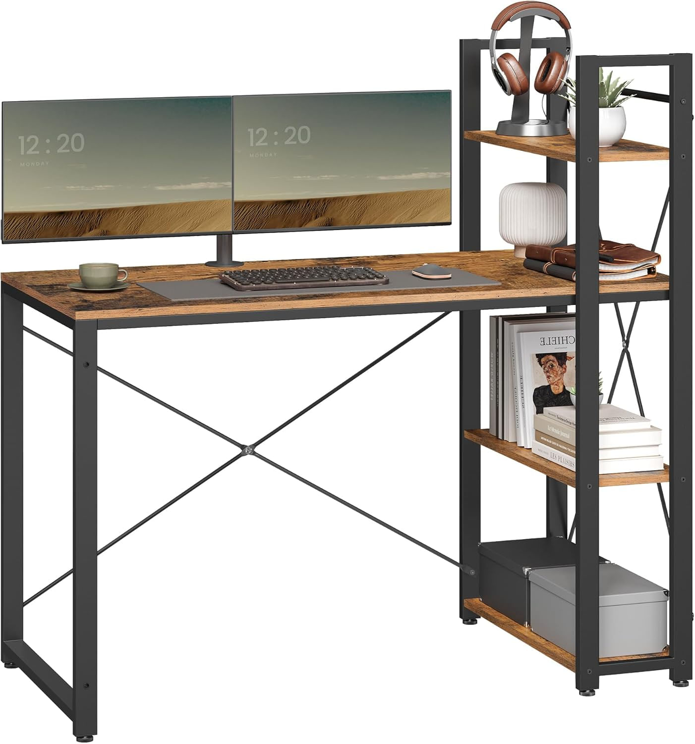 Birou cu raft lateral, montare stanga sau dreapta, industrial, 56x120x120 cm, maro — imaginea 2