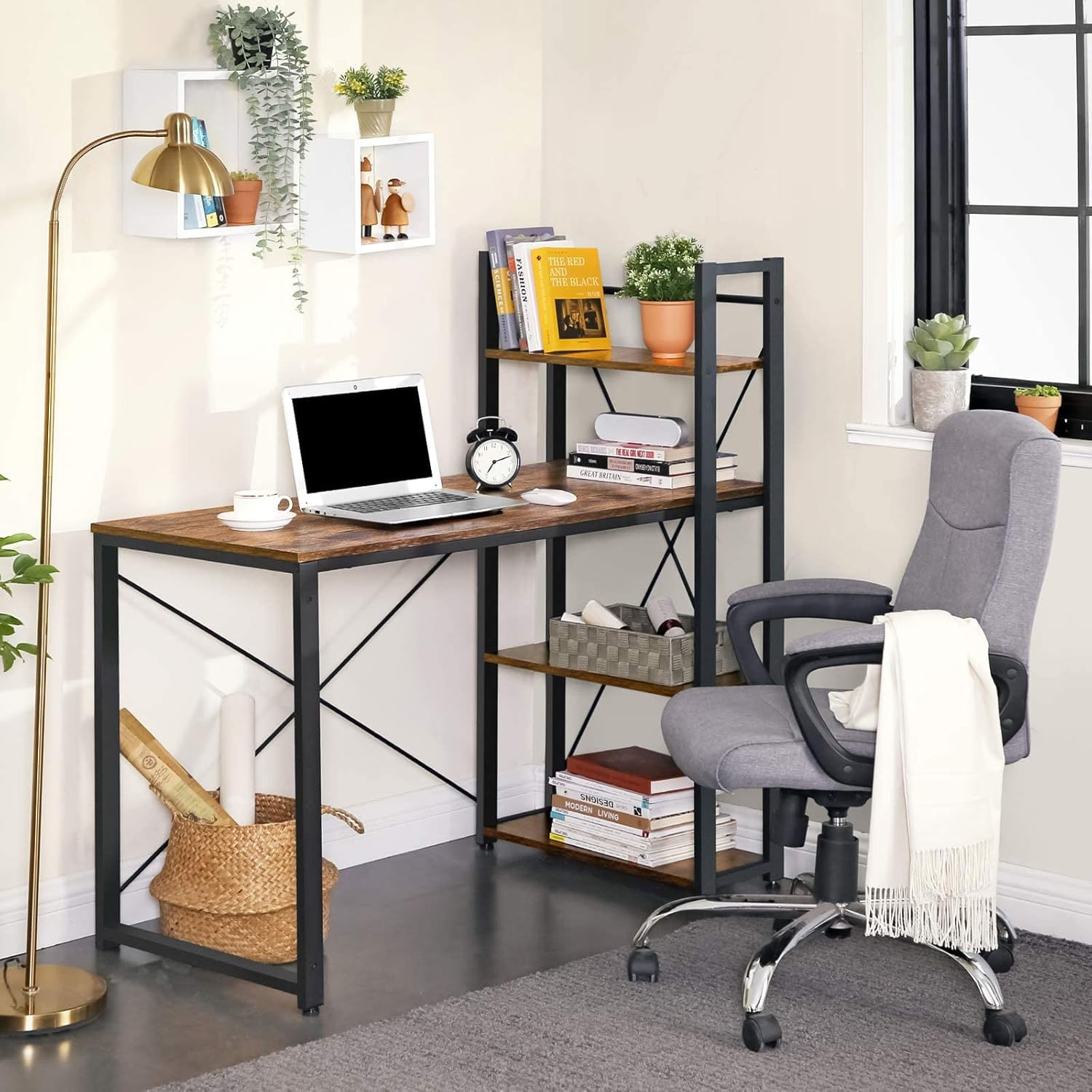 Birou cu raft lateral, montare stanga sau dreapta, industrial, 56x120x120 cm, maro — imaginea 4