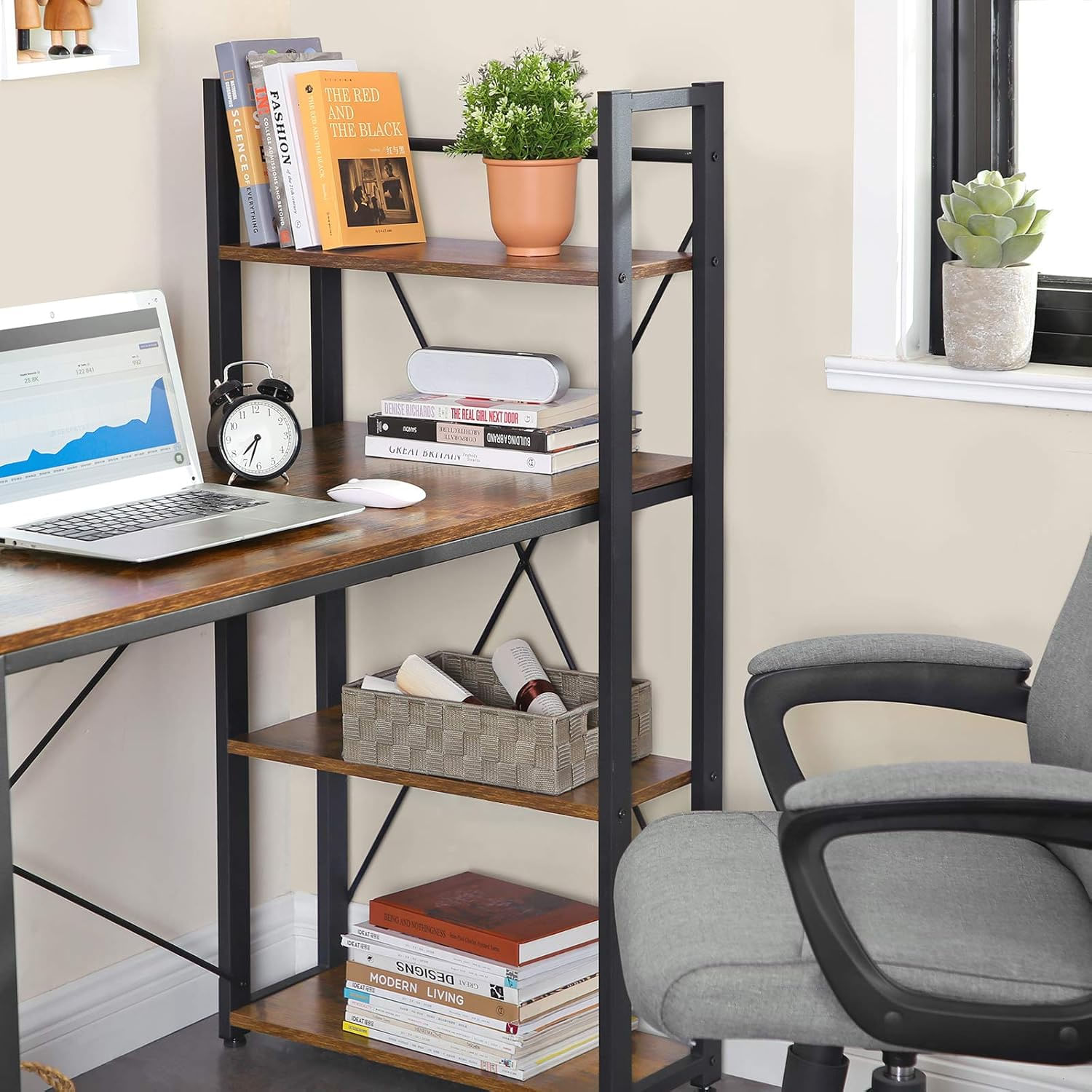Birou cu raft lateral, montare stanga sau dreapta, industrial, 56x120x120 cm, maro — imaginea 5
