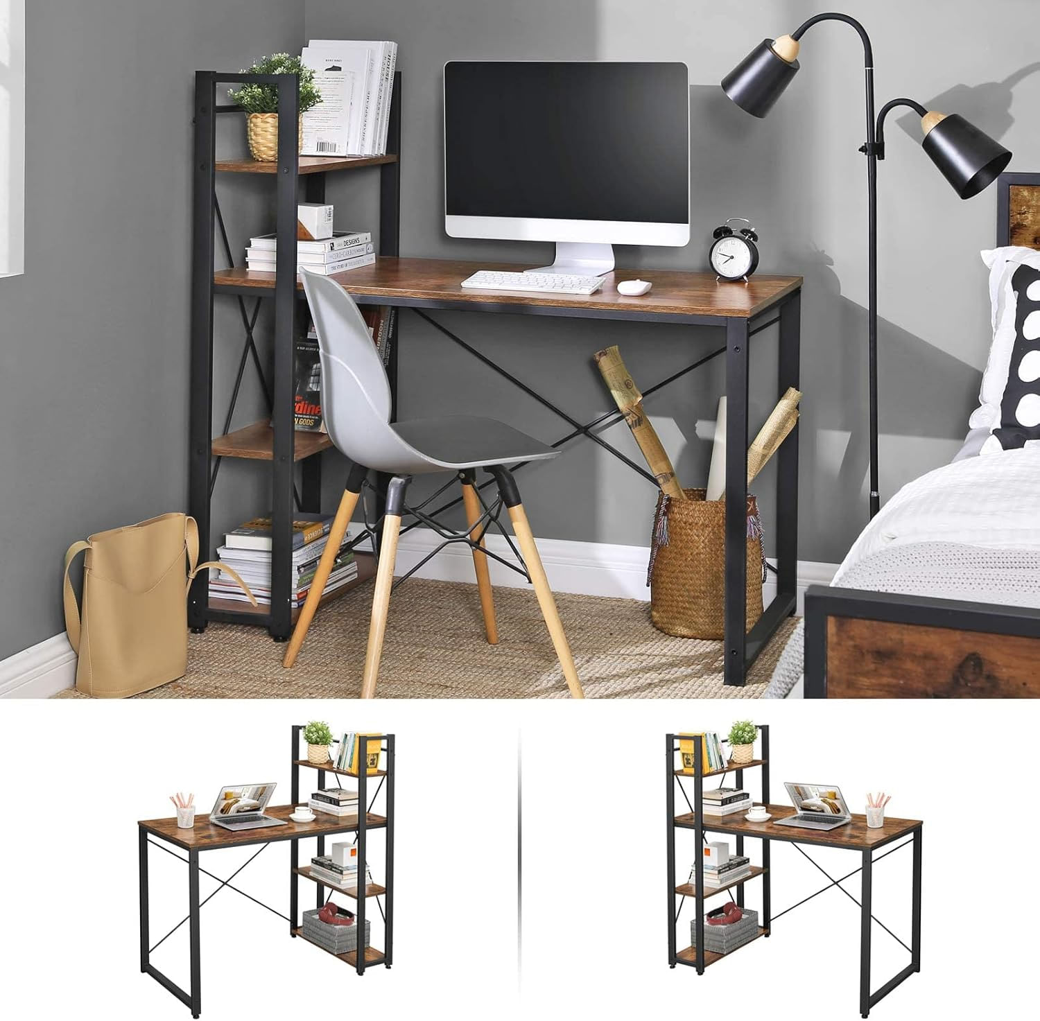 Birou cu raft lateral, montare stanga sau dreapta, industrial, 56x120x120 cm, maro — imaginea 6