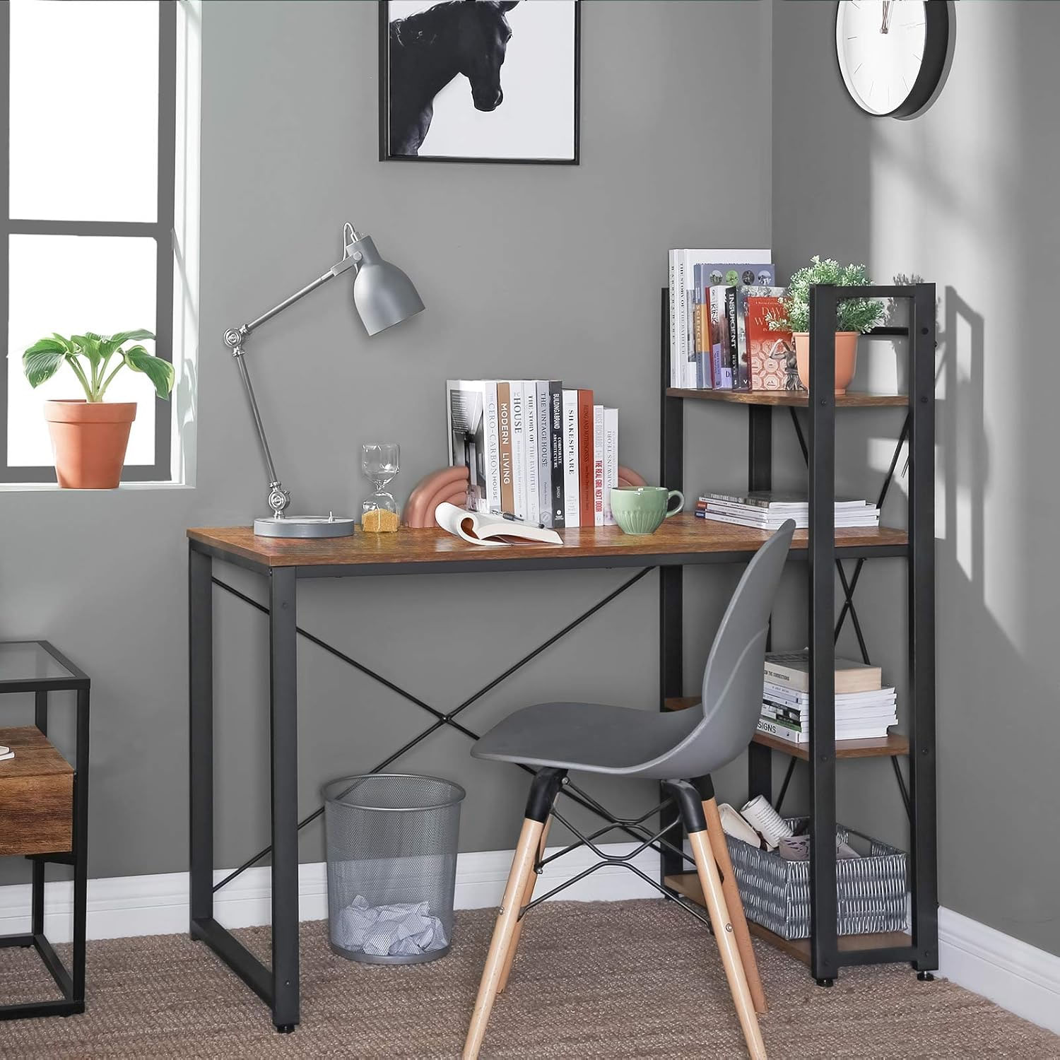 Birou cu raft lateral, montare stanga sau dreapta, industrial, 56x120x120 cm, maro — imaginea 7