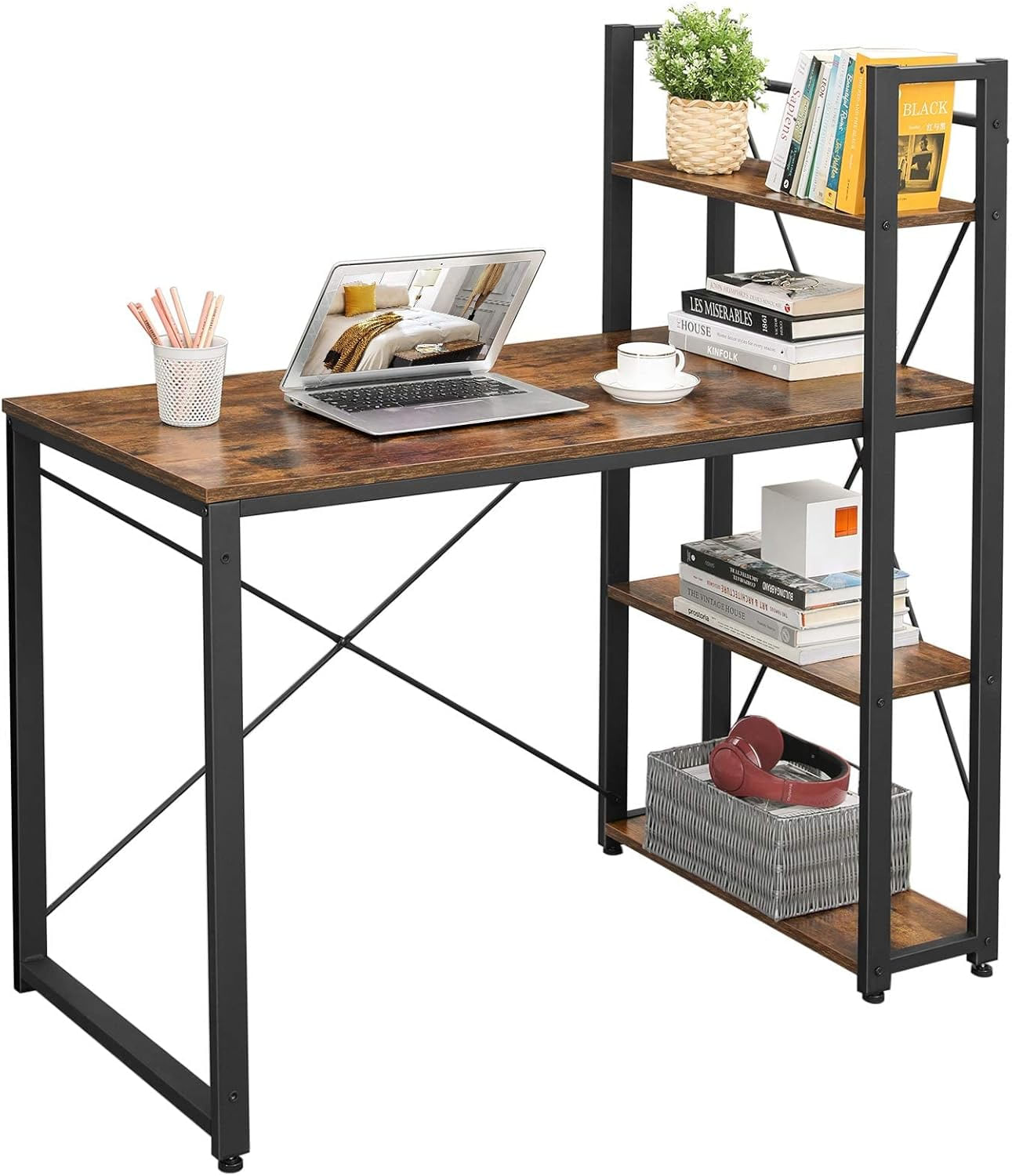 Birou cu raft lateral, montare stanga sau dreapta, industrial, 56x120x120 cm, maro — imaginea 8
