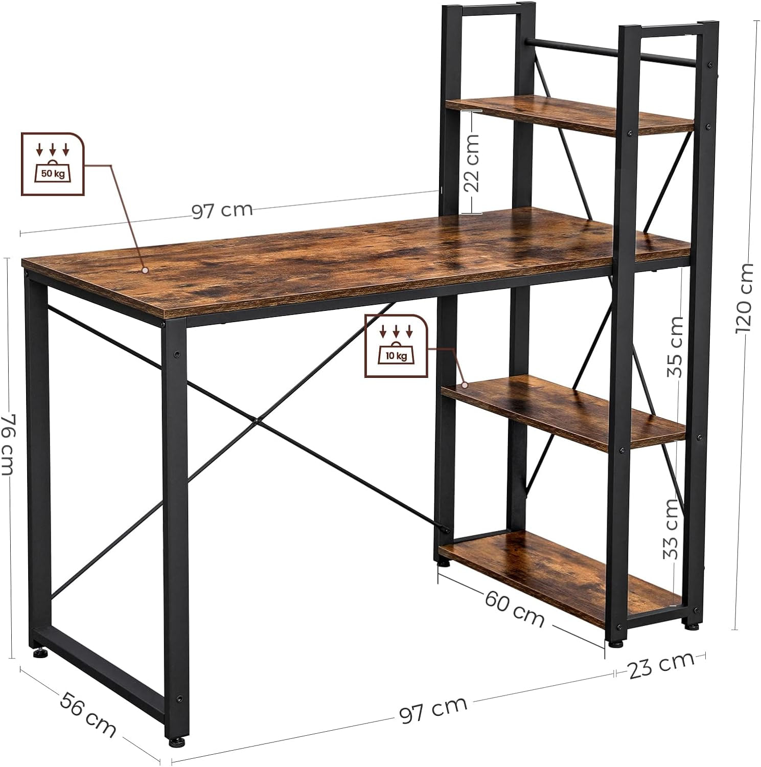 Birou cu raft lateral, montare stanga sau dreapta, industrial, 56x120x120 cm, maro — imaginea 9