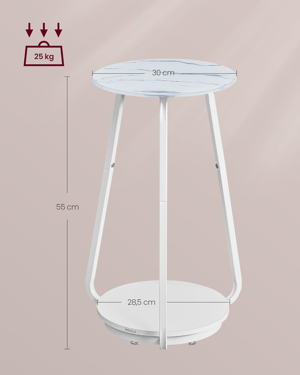 Masuta rotunda tip noptiera, blat din sticla si raft inferior din PAL, cadru metalic, 30x30x55 cm, alb — imaginea 4