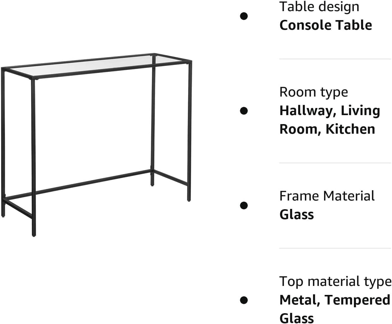 Masa de intrare, blat din sticla securizata, cadru din metal, pentru sufragerie, 100x35x80cm, negru — imaginea 2