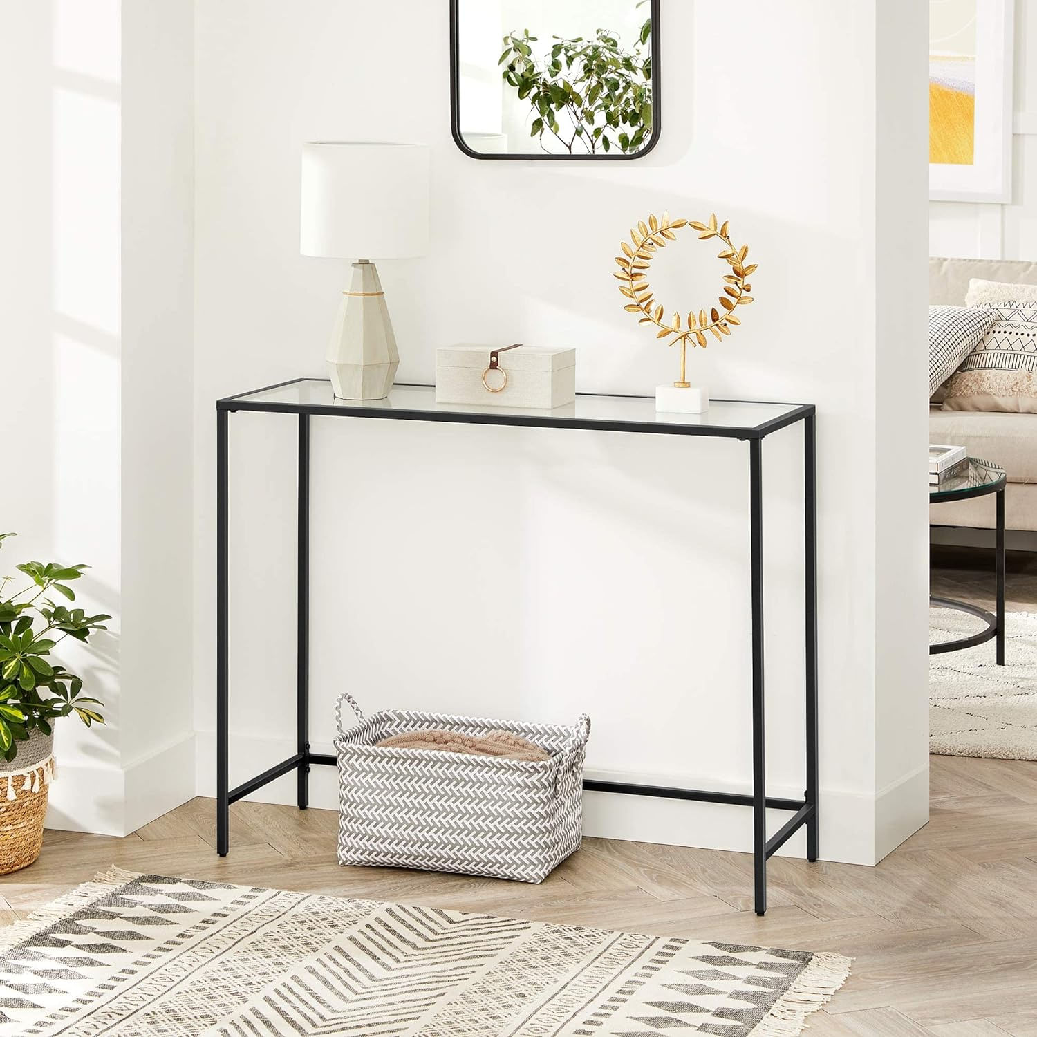 Masa de intrare, blat din sticla securizata, cadru din metal, pentru sufragerie, 100x35x80cm, negru — imaginea 5
