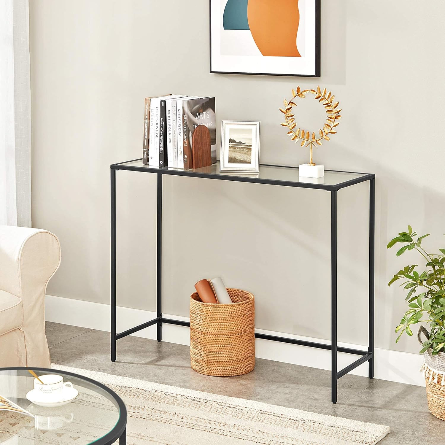Masa de intrare, blat din sticla securizata, cadru din metal, pentru sufragerie, 100x35x80cm, negru — imaginea 6