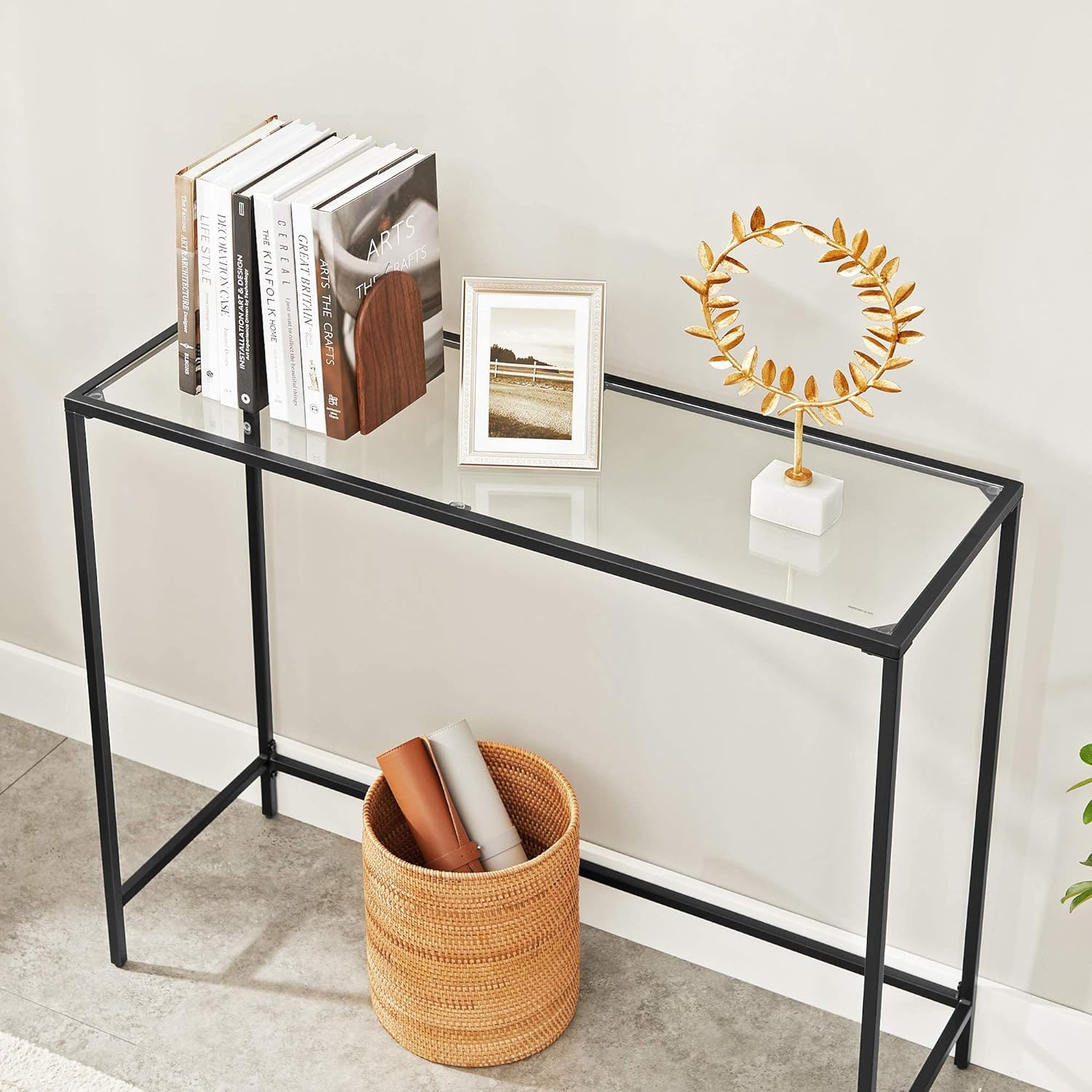 Masa de intrare, blat din sticla securizata, cadru din metal, pentru sufragerie, 100x35x80cm, negru — imaginea 8