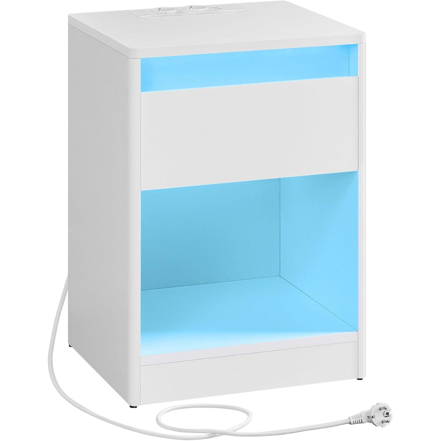 noptiera cu iluminare LED reglabila, 35x40x55 cm, 2 sertare, raft deschis, MDF si PAL, alb — imaginea 2