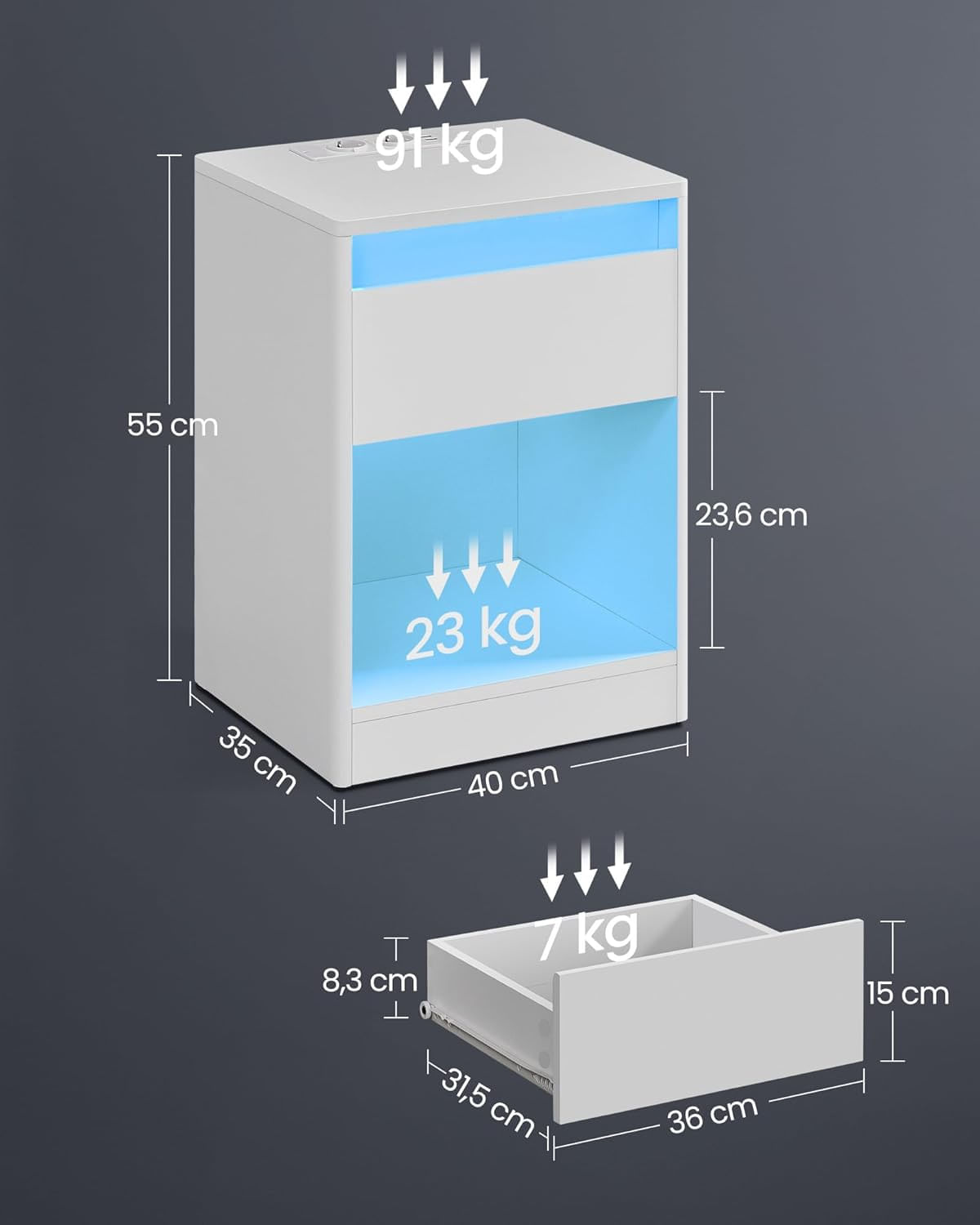 noptiera cu iluminare LED reglabila, 35x40x55 cm, 2 sertare, raft deschis, MDF si PAL, alb — imaginea 4