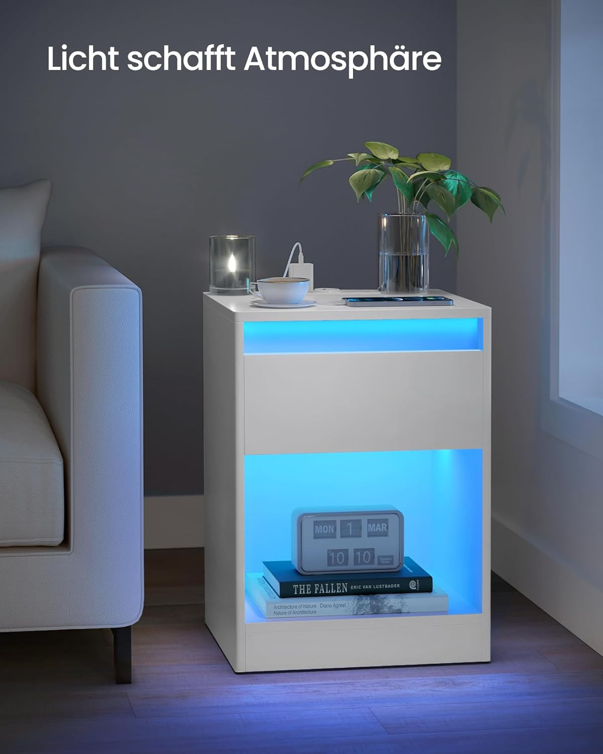 noptiera cu iluminare LED reglabila, 35x40x55 cm, 2 sertare, raft deschis, MDF si PAL, alb — imaginea 8