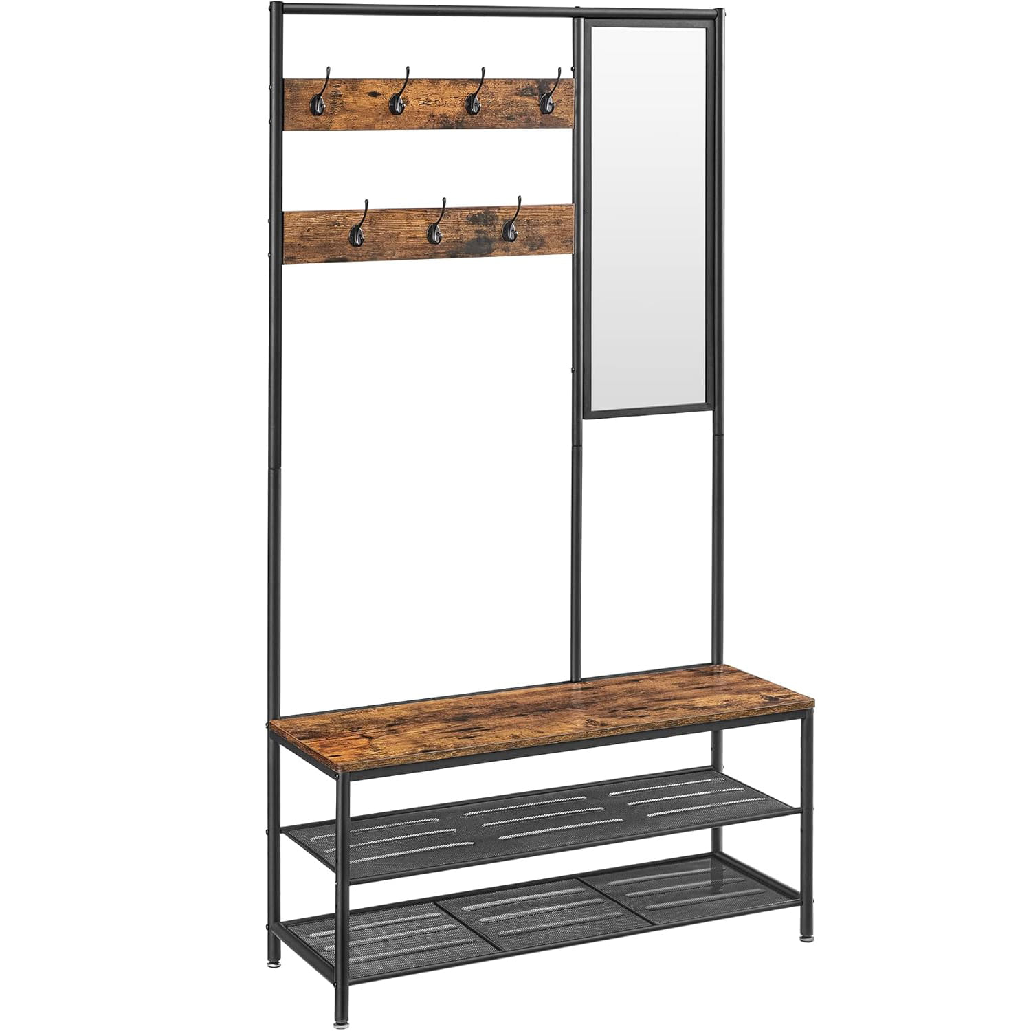 Cuier cu rafturi depozitare pantofi si a€‹a€‹oglinda, industrial, 35x98x180 cm, maro rustic si negru — imaginea 2
