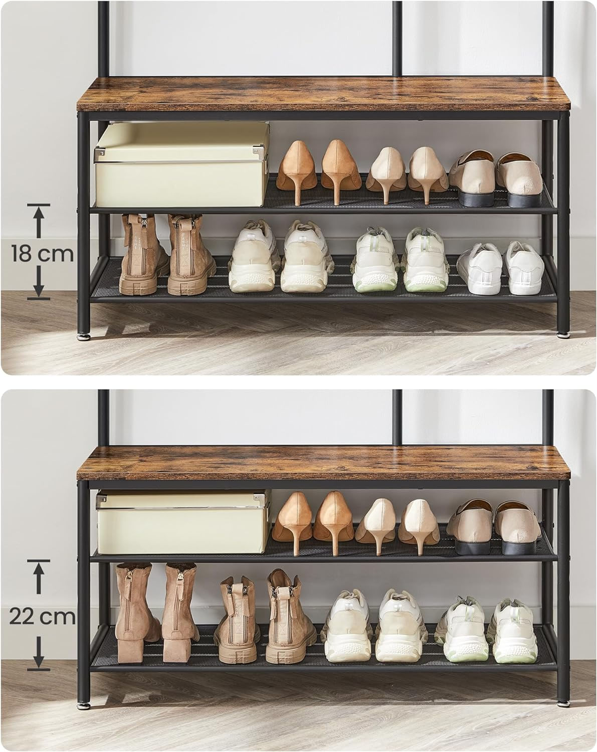 Cuier cu rafturi depozitare pantofi si a€‹a€‹oglinda, industrial, 35x98x180 cm, maro rustic si negru — imaginea 4