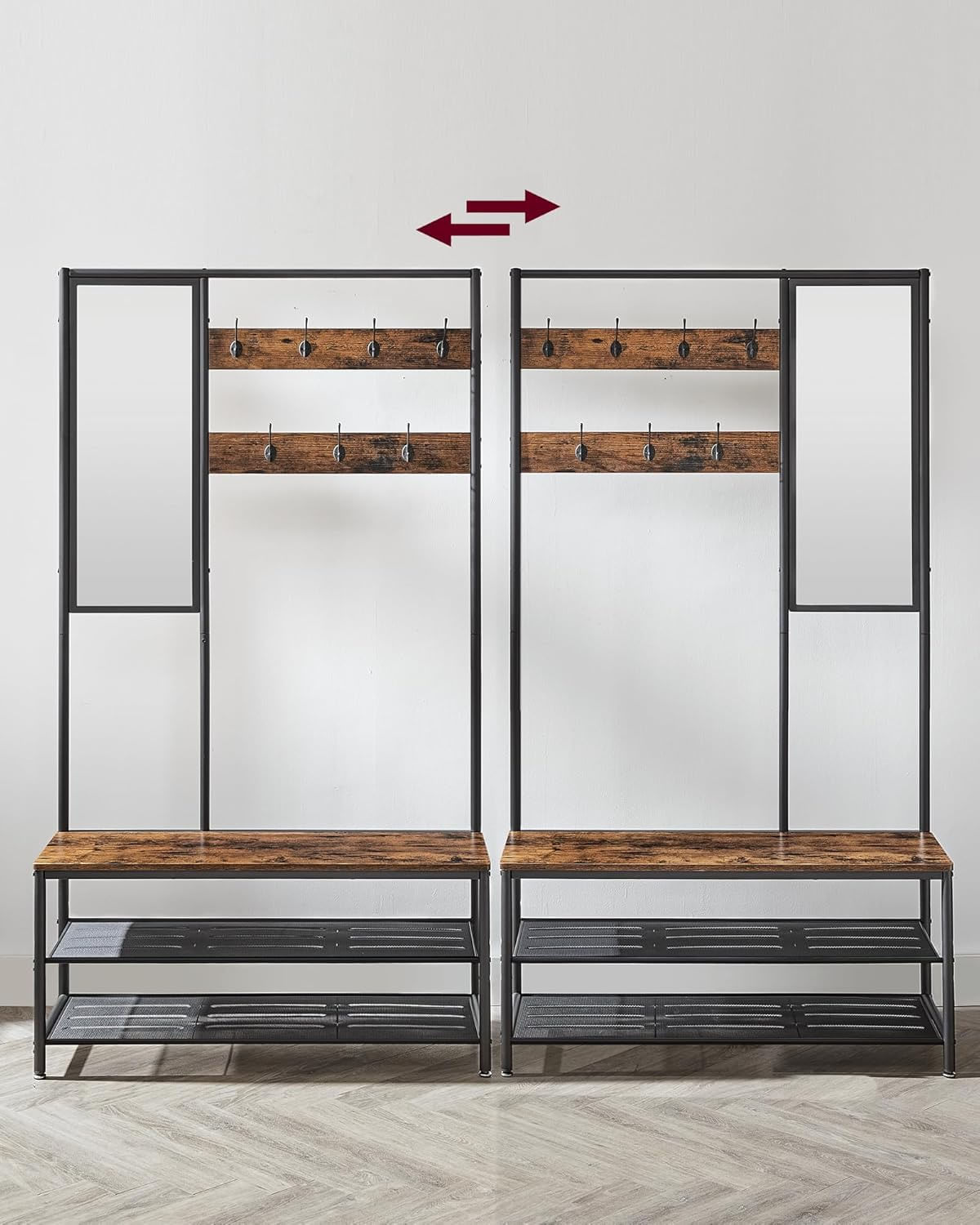 Cuier cu rafturi depozitare pantofi si a€‹a€‹oglinda, industrial, 35x98x180 cm, maro rustic si negru — imaginea 5