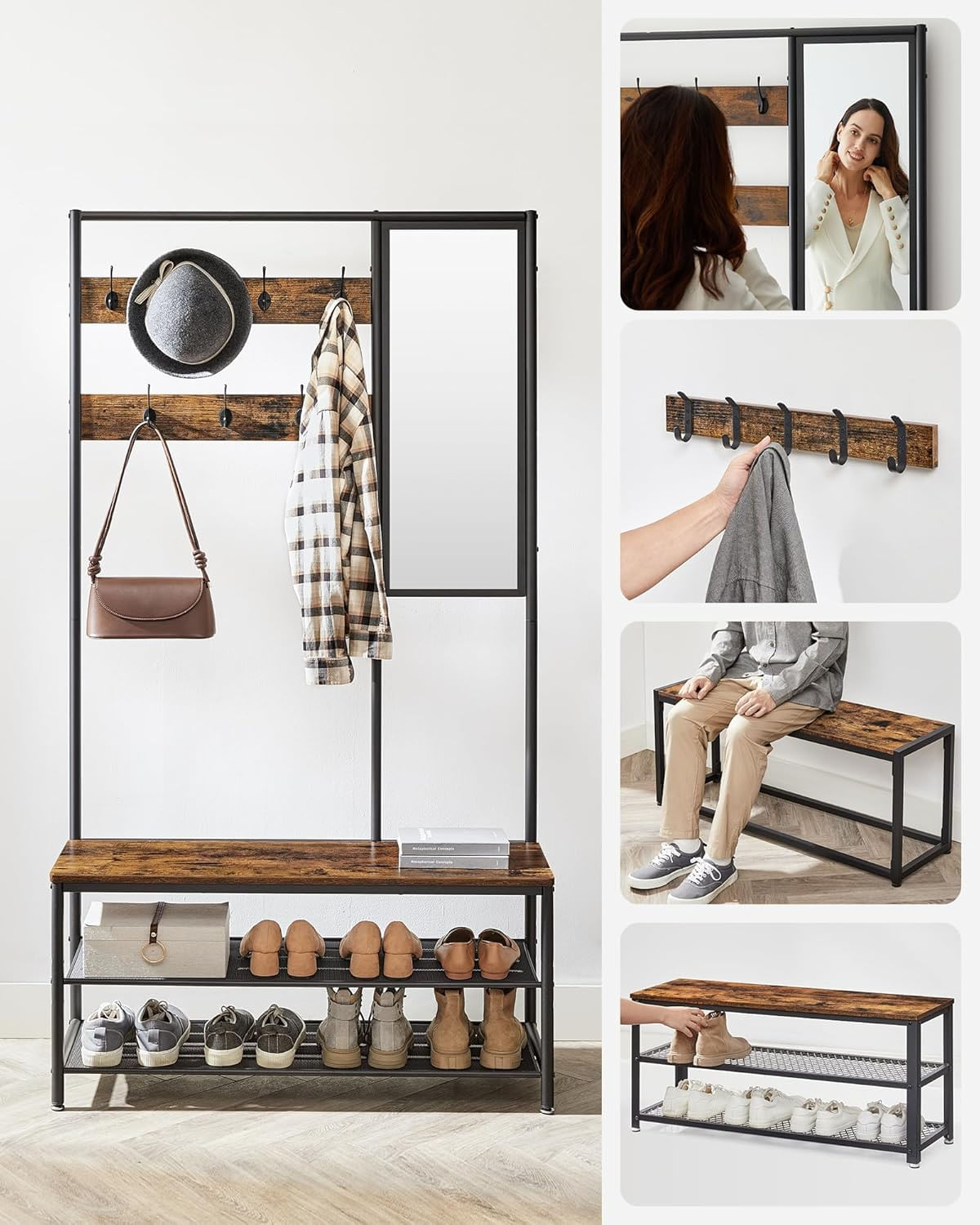 Cuier cu rafturi depozitare pantofi si a€‹a€‹oglinda, industrial, 35x98x180 cm, maro rustic si negru — imaginea 6