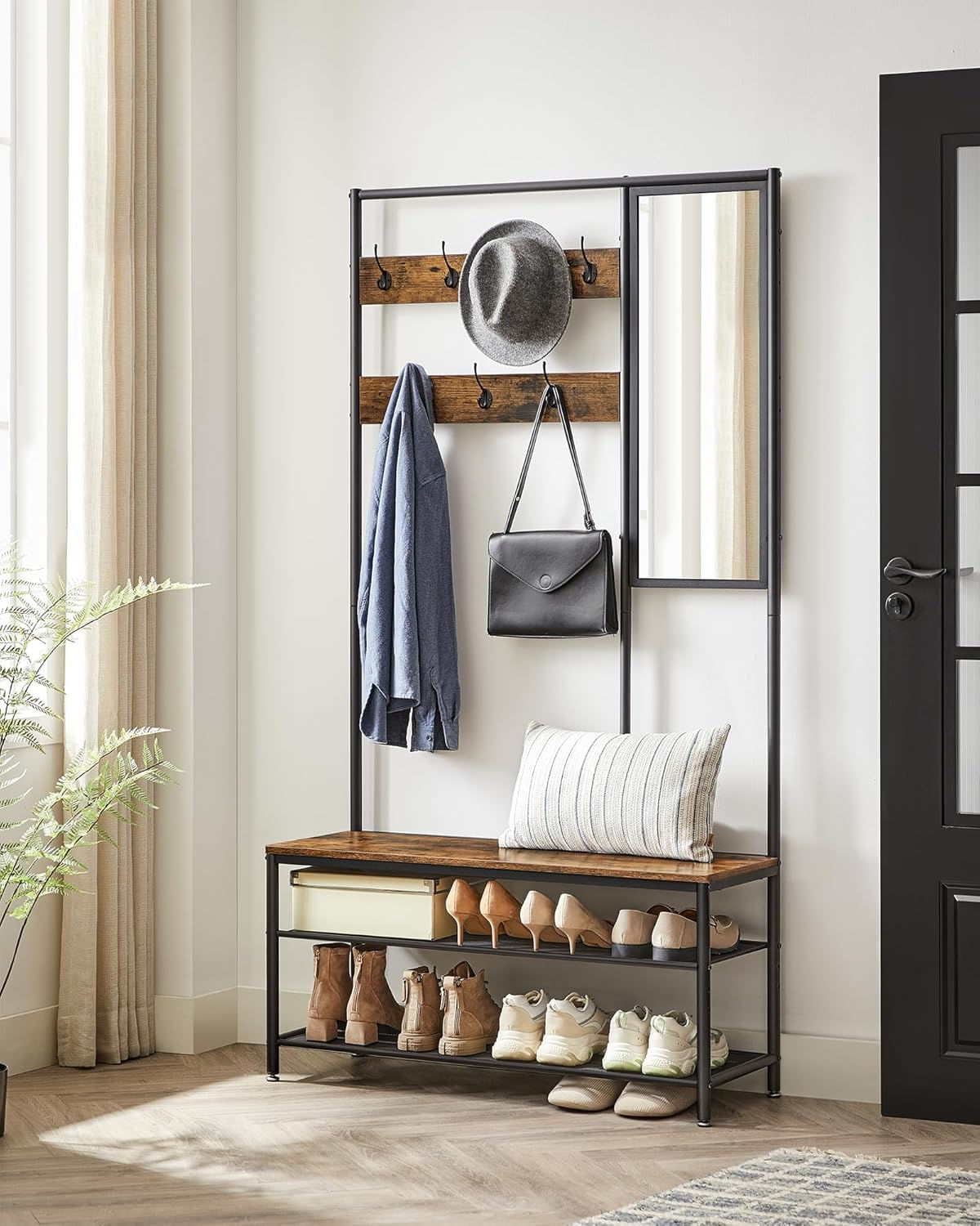 Cuier cu rafturi depozitare pantofi si a€‹a€‹oglinda, industrial, 35x98x180 cm, maro rustic si negru — imaginea 7