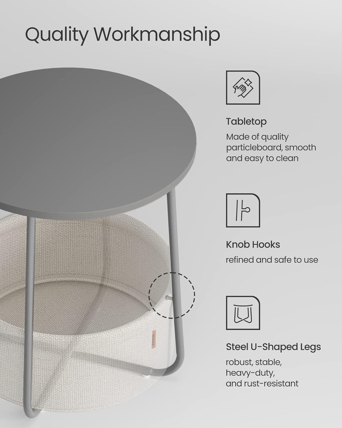 Masuta de cafea rotunda cu cos de stofa, stil modern, 45x50cm, gri — imaginea 2