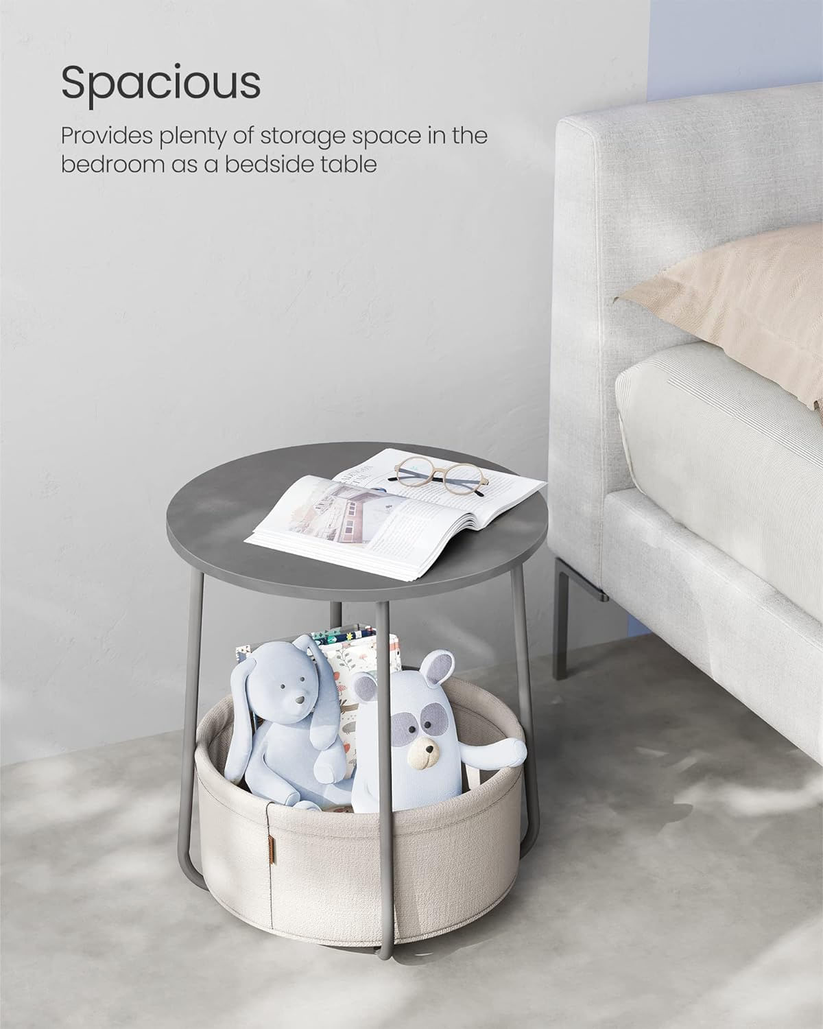 Masuta de cafea rotunda cu cos de stofa, stil modern, 45x50cm, gri — imaginea 4