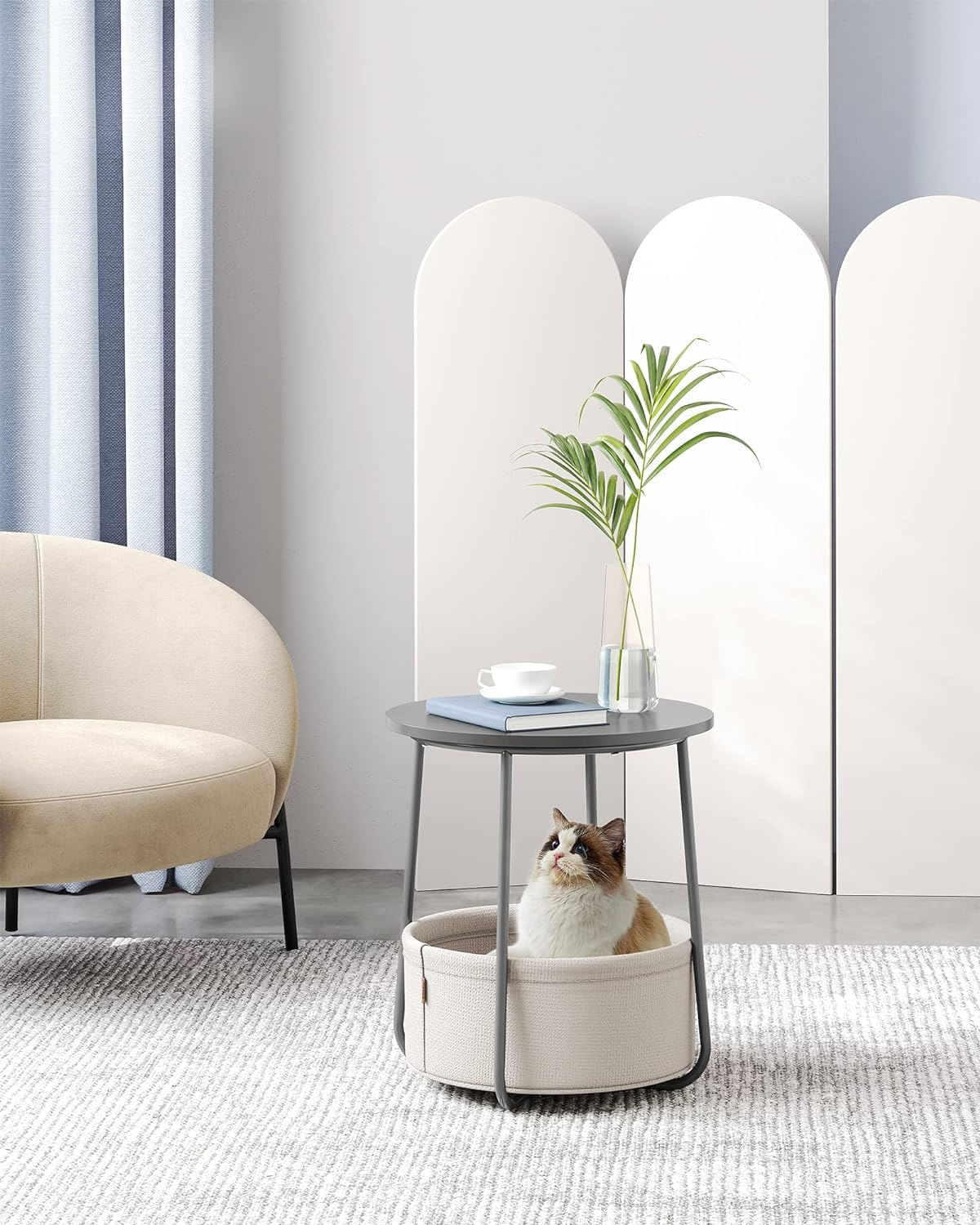 Masuta de cafea rotunda cu cos de stofa, stil modern, 45x50cm, gri — imaginea 6
