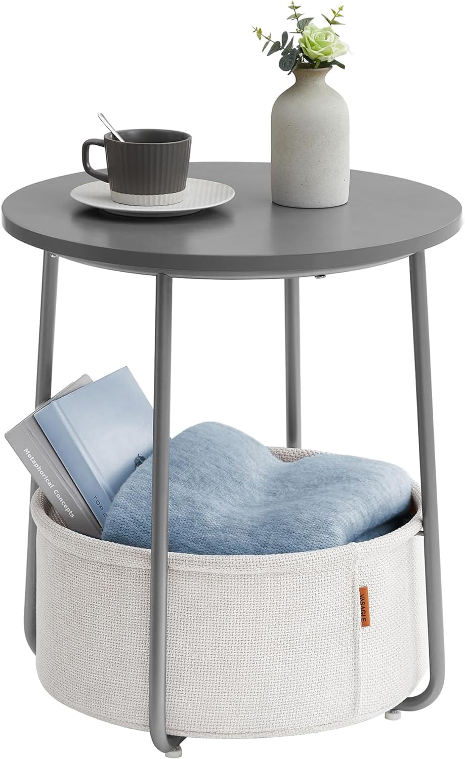 Masuta de cafea rotunda cu cos de stofa, stil modern, 45x50cm, gri — imaginea 9