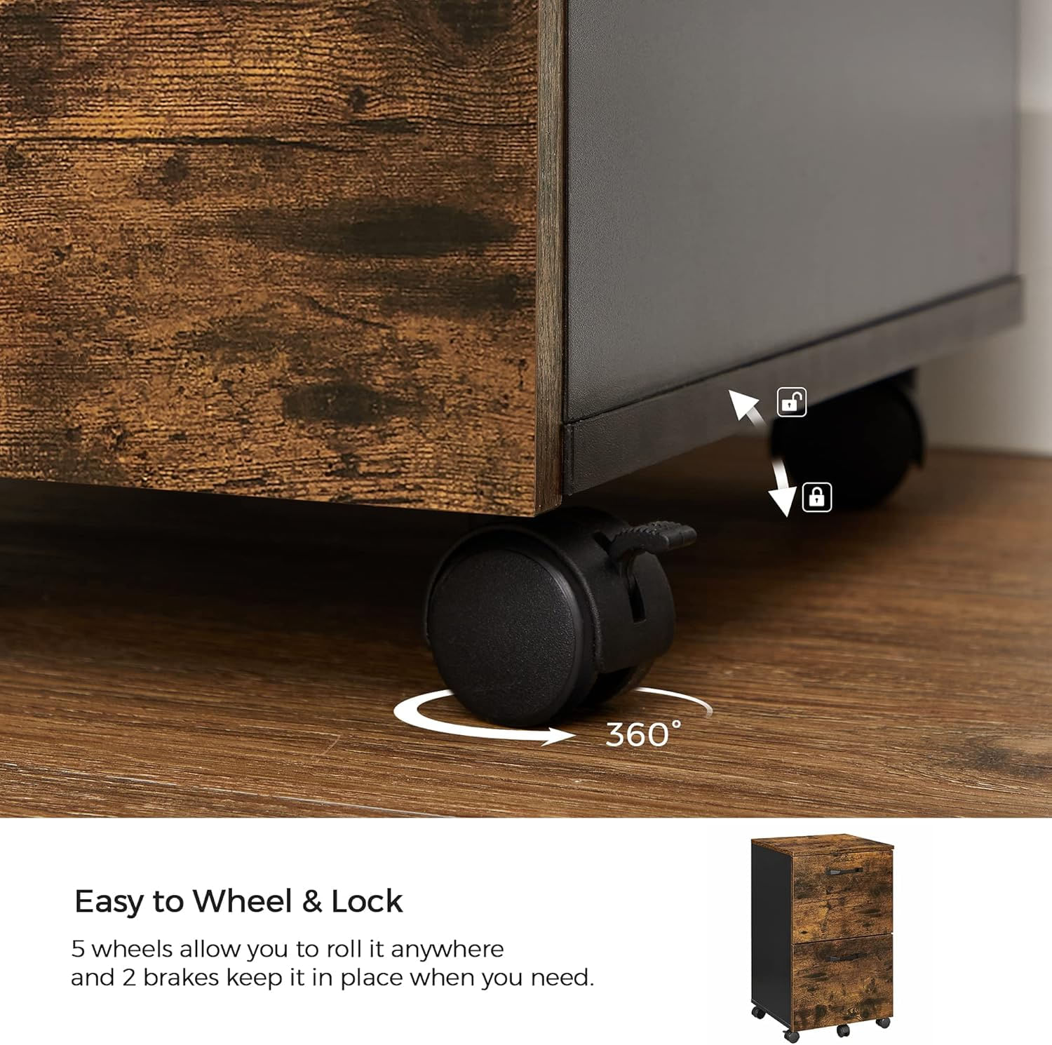 Dulap birou tip rollbox cu 2 sertare pentru documente A4, cu roti, stil industrial, 42x40x70 cm, maro rustic — imaginea 3