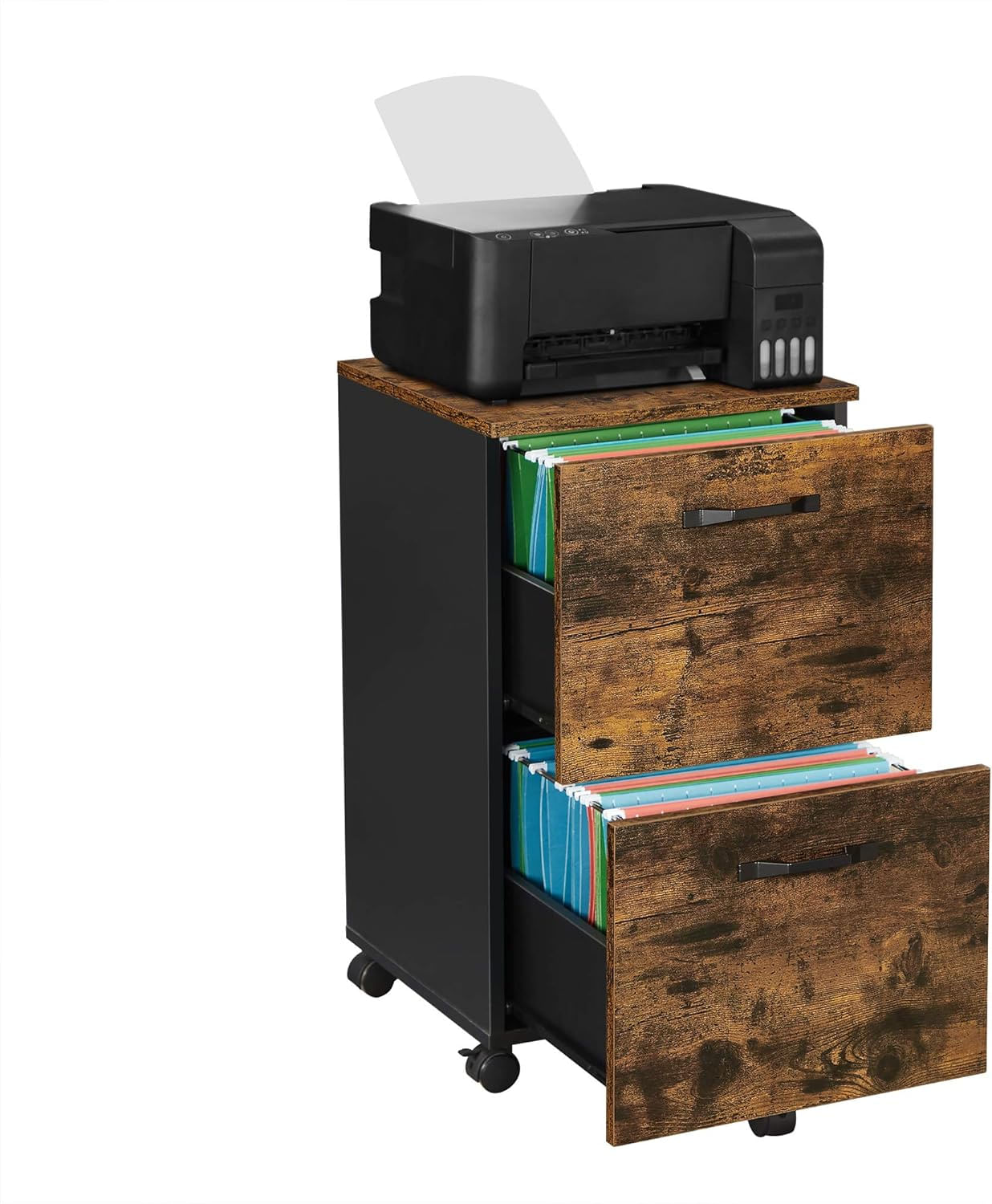 Dulap birou tip rollbox cu 2 sertare pentru documente A4, cu roti, stil industrial, 42x40x70 cm, maro rustic — imaginea 4