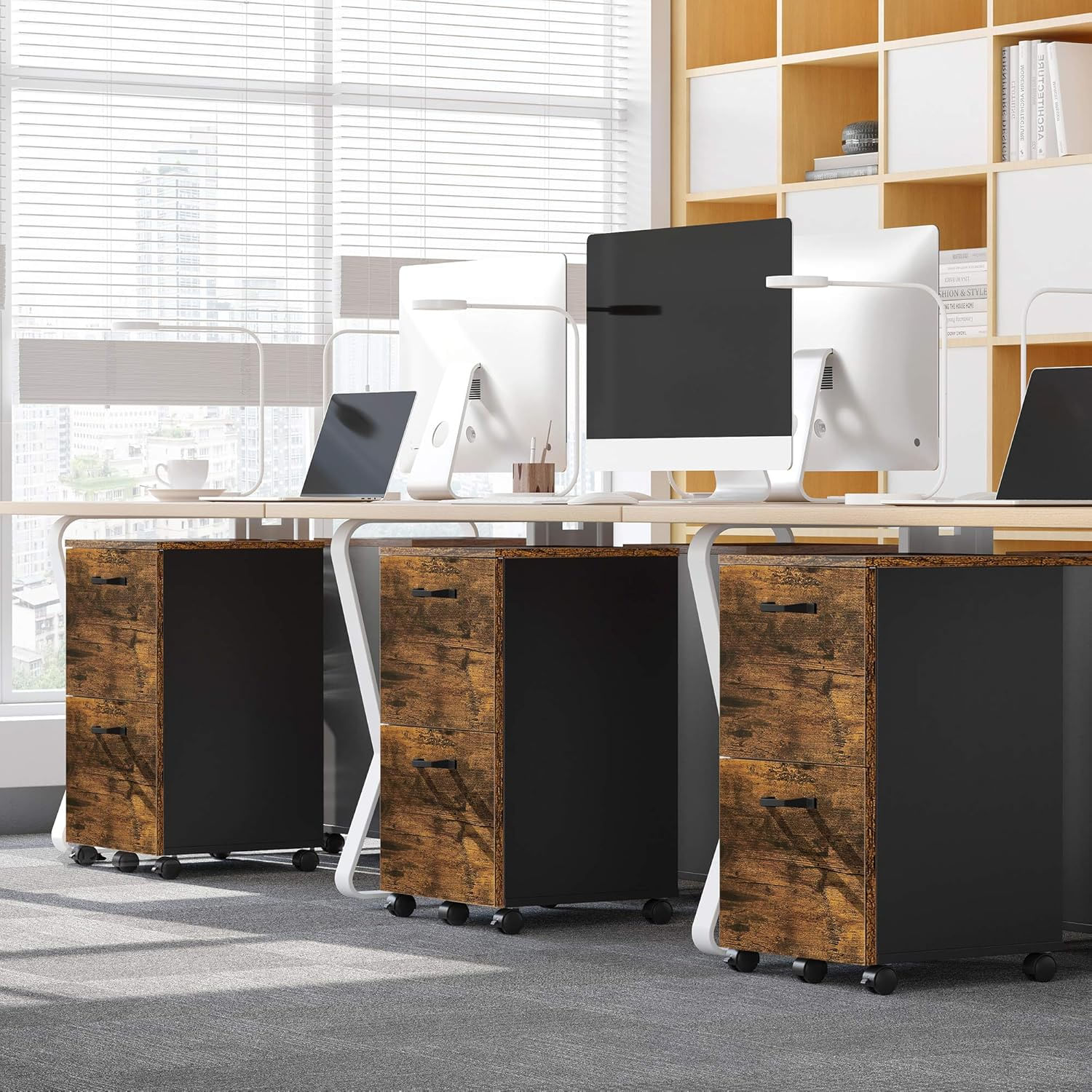 Dulap birou tip rollbox cu 2 sertare pentru documente A4, cu roti, stil industrial, 42x40x70 cm, maro rustic — imaginea 5