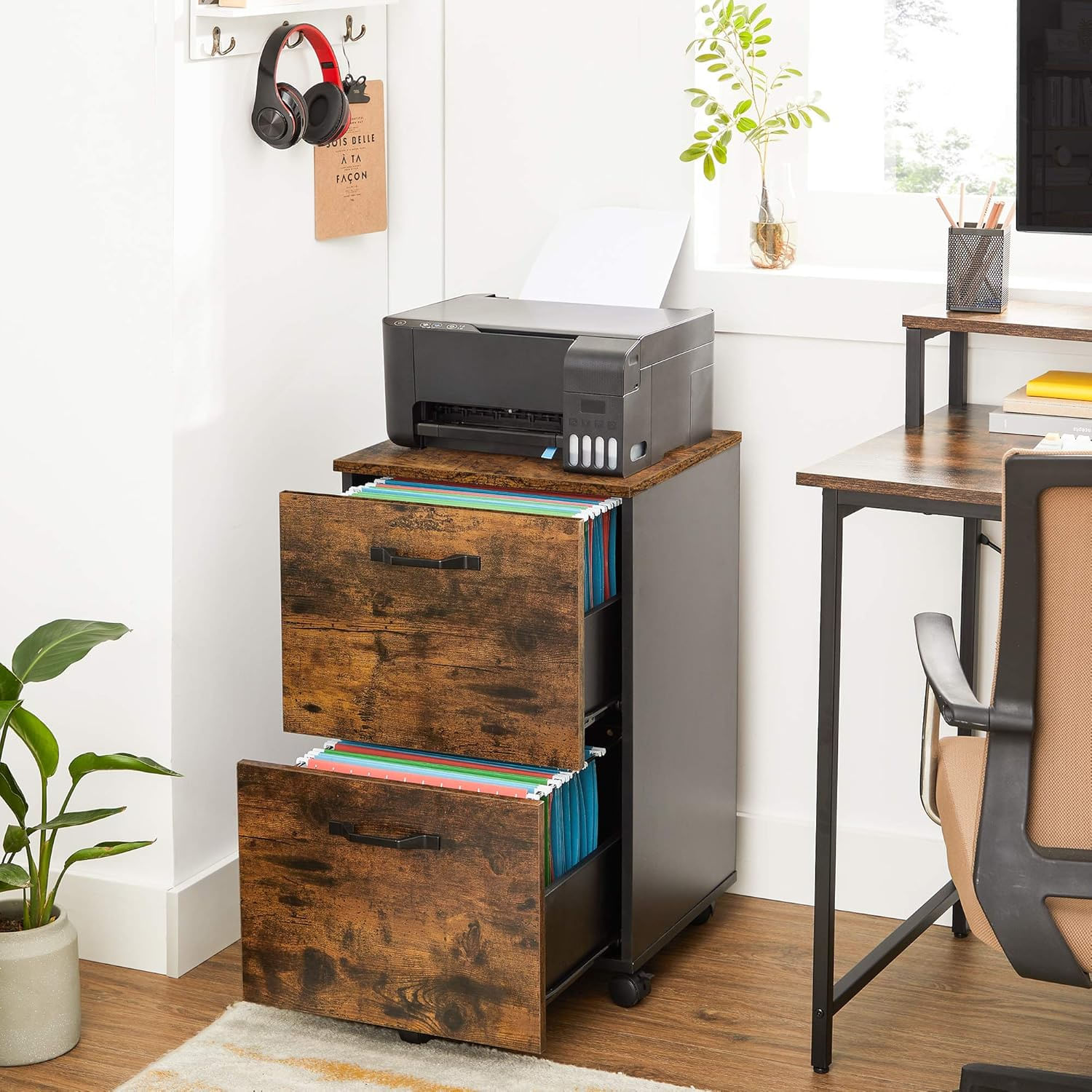 Dulap birou tip rollbox cu 2 sertare pentru documente A4, cu roti, stil industrial, 42x40x70 cm, maro rustic — imaginea 7