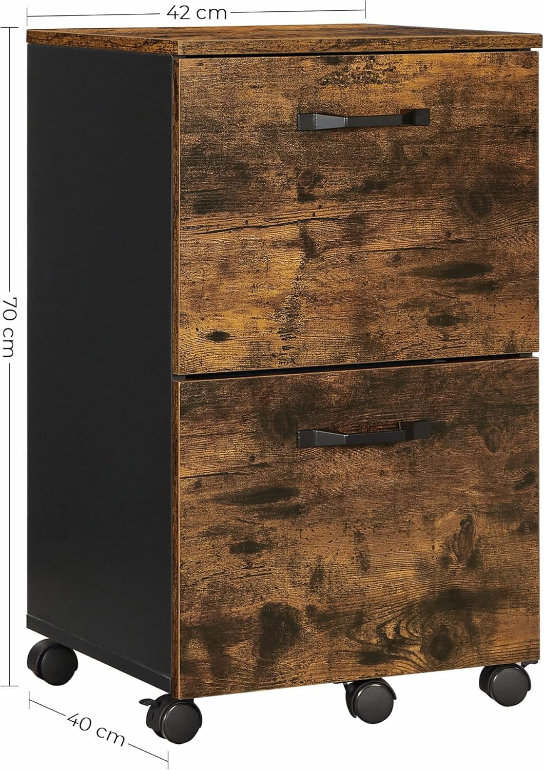Dulap birou tip rollbox cu 2 sertare pentru documente A4, cu roti, stil industrial, 42x40x70 cm, maro rustic — imaginea 8