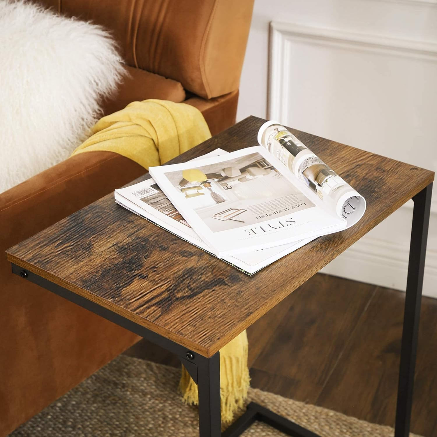Masa laterala pentru laptop sau servire masa, stil industrial, 55x35x66cm, maro rustic si negru — imaginea 7