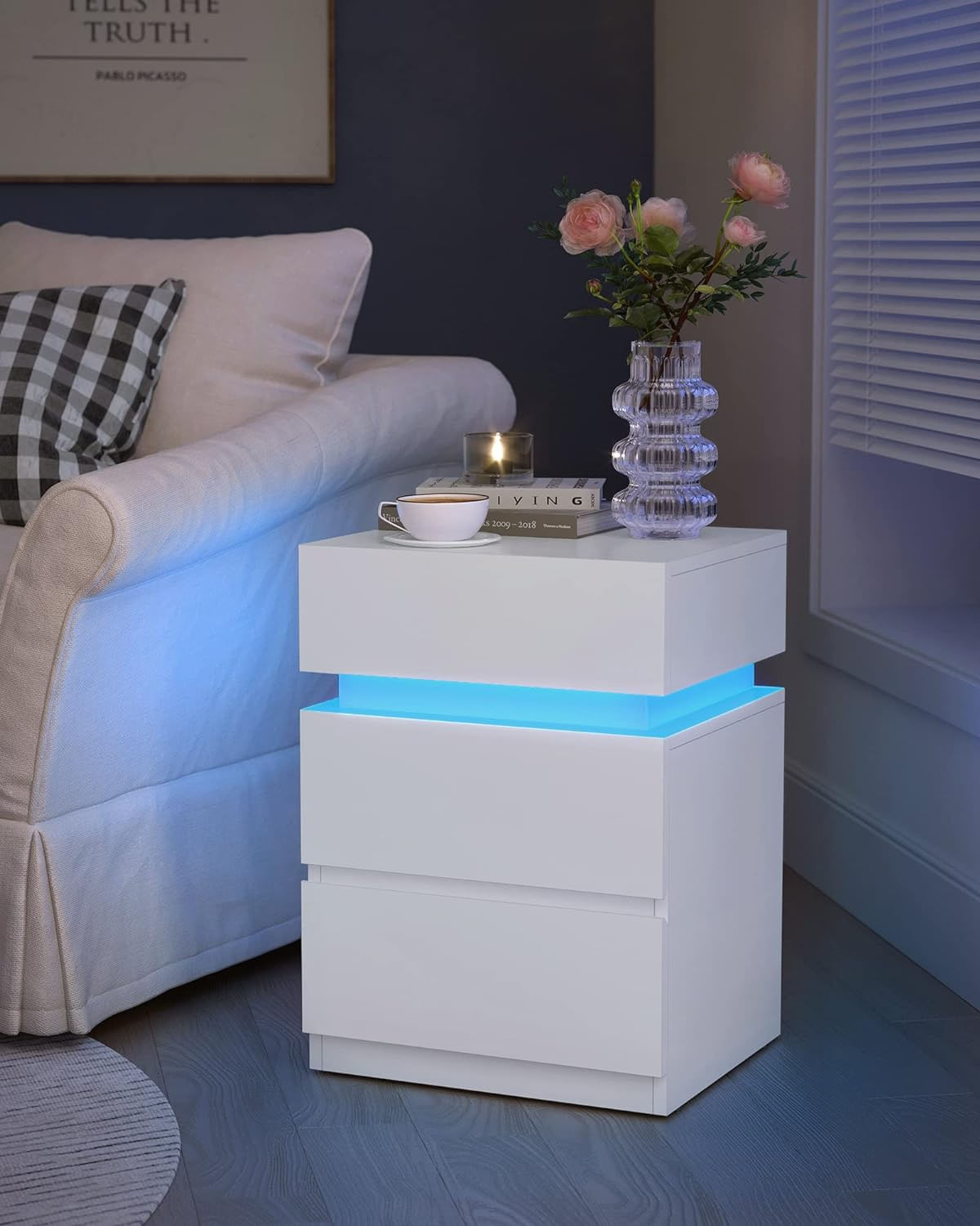 Noptiera din MDF cu iluminare LED, culori si intensitate reglabile, 35x40x55cm, alb — imaginea 3