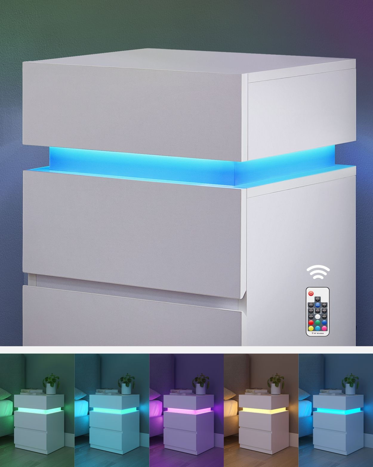 Noptiera din MDF cu iluminare LED, culori si intensitate reglabile, 35x40x55cm, alb — imaginea 4