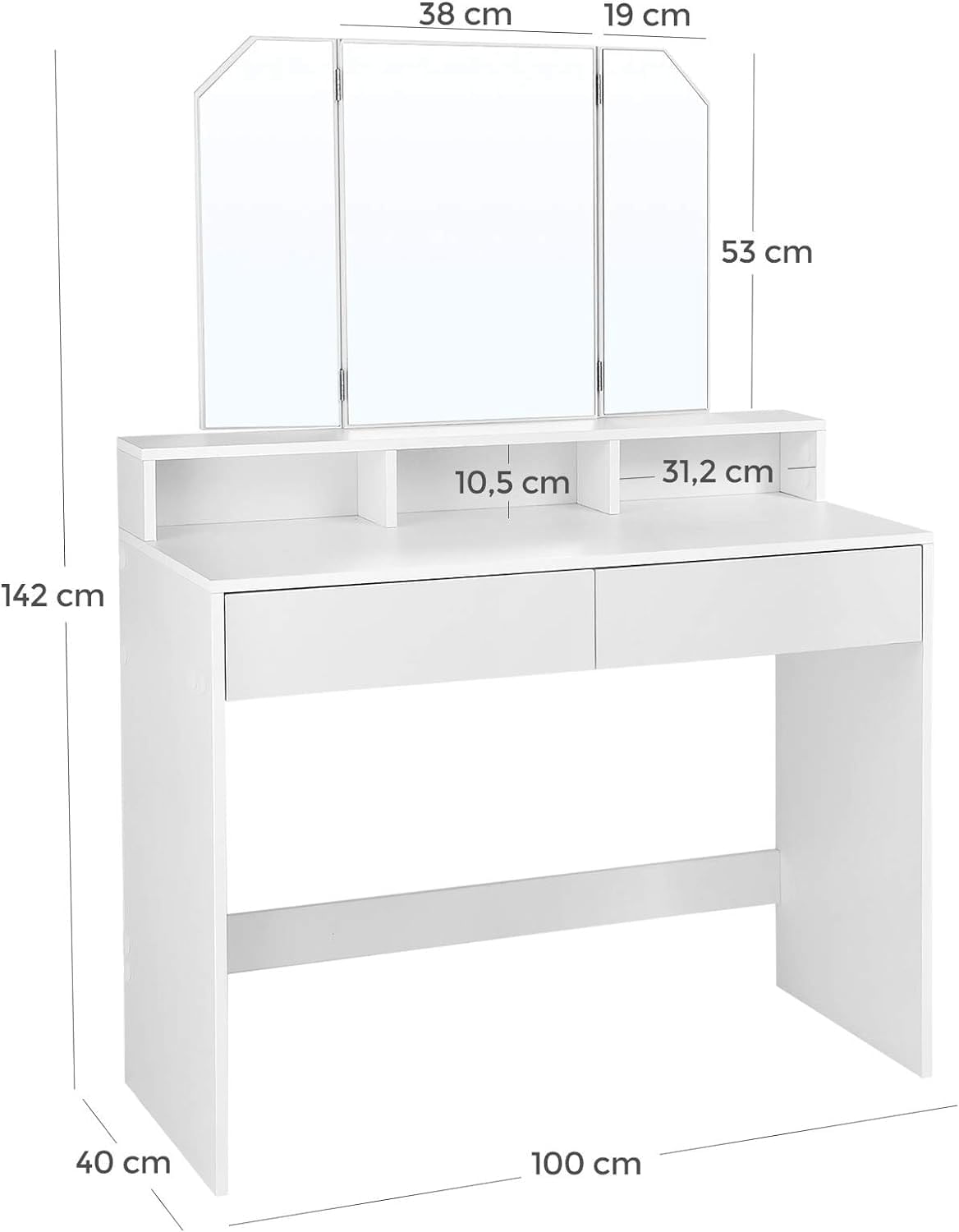 Masa de toaleta cu oglinda rabatabila si 2 sertare, 3 compartimente deschise, 100x40x142cm, alb — imaginea 7