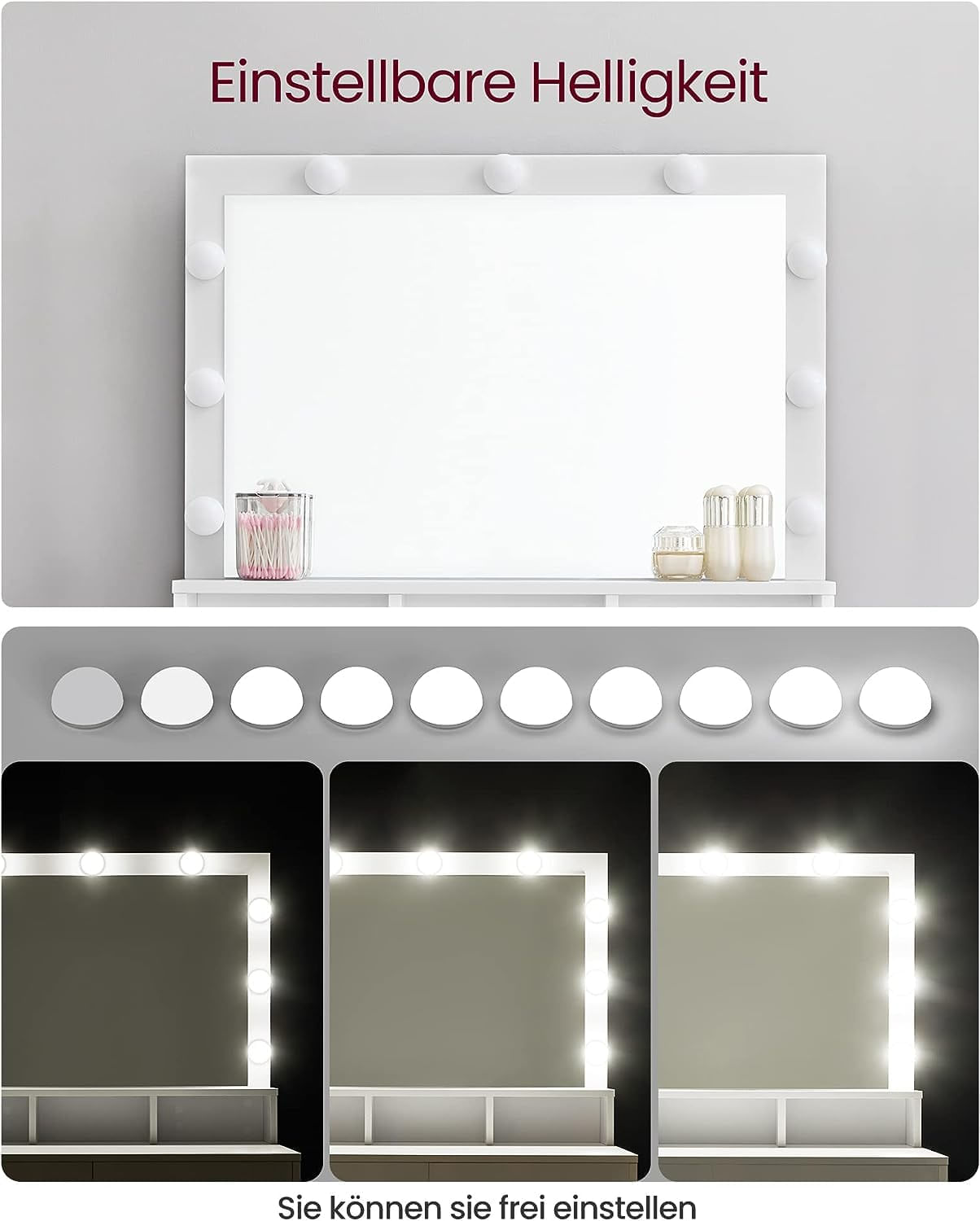 Masa de toaleta cu oglinda, iluminare LED, 2 sertare si 3 compartimente deschise, 80x40x140cm, modern, alb — imaginea 4