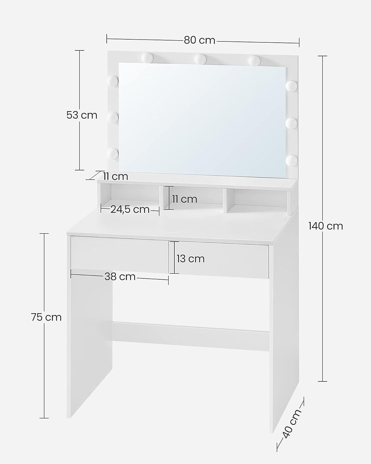 Masa de toaleta cu oglinda, iluminare LED, 2 sertare si 3 compartimente deschise, 80x40x140cm, modern, alb — imaginea 7