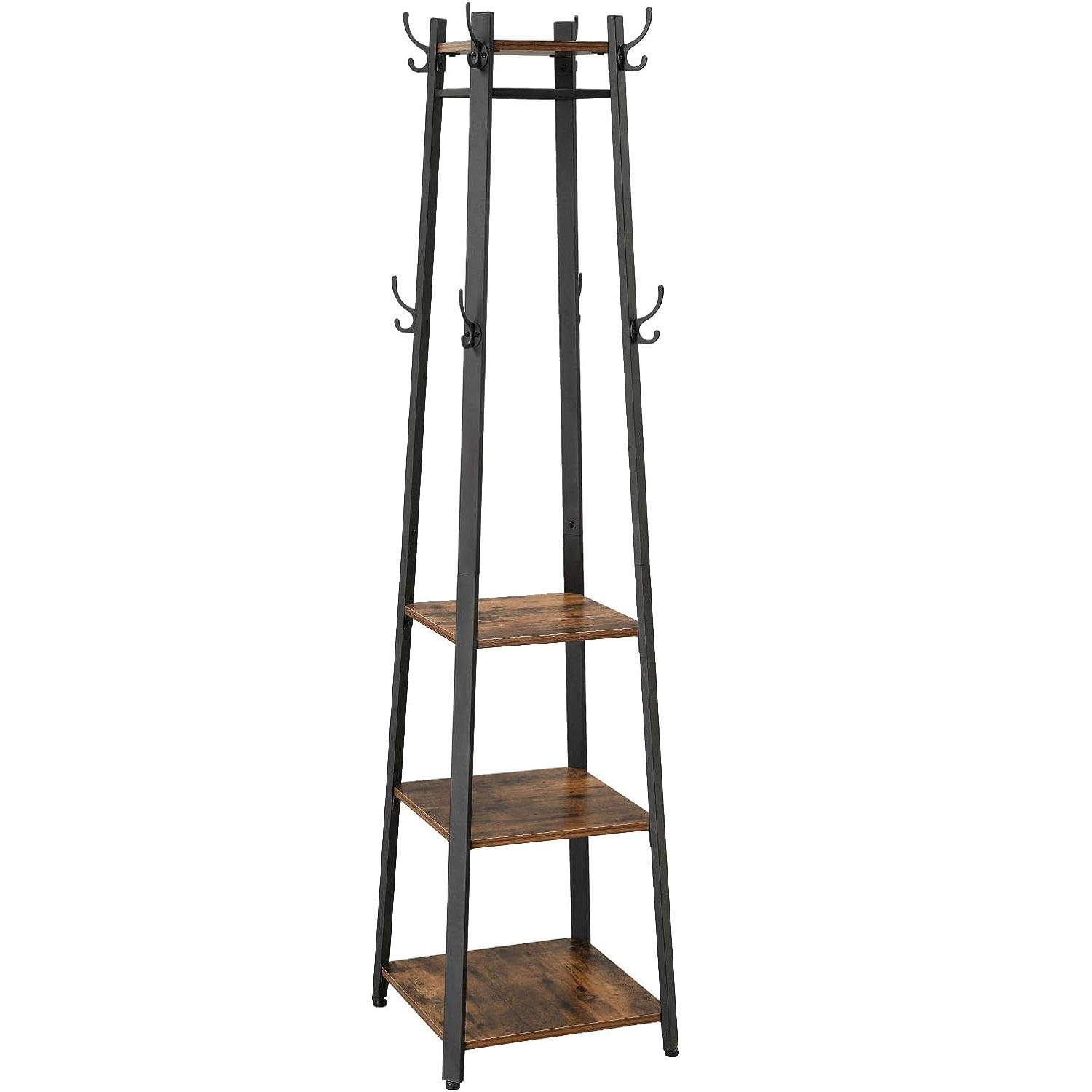 Cuier de haine cu 3 rafturi, suport cu carlige, din otel, 43x43x180 cm, stil industrial, maro rustic si negru — imaginea 2