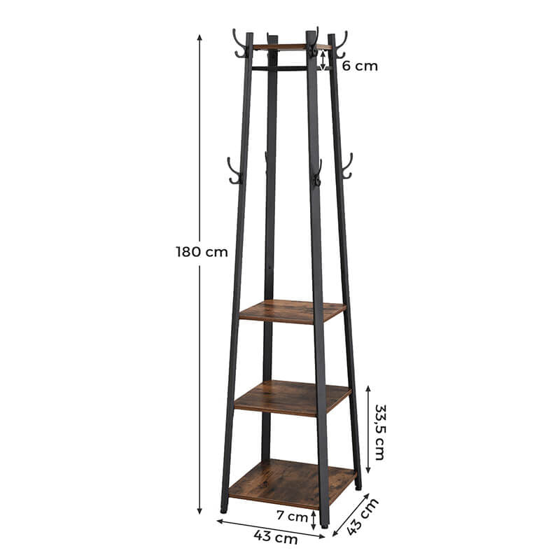 Cuier de haine cu 3 rafturi, suport cu carlige, din otel, 43x43x180 cm, stil industrial, maro rustic si negru — imaginea 4