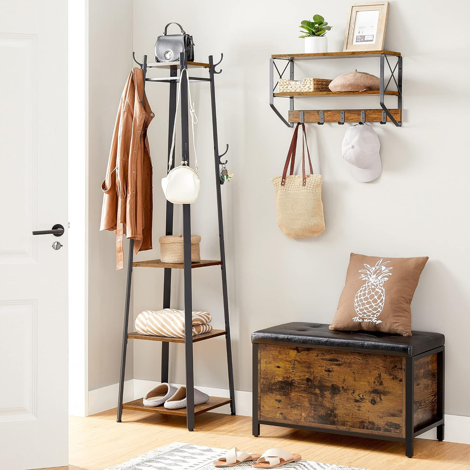 Cuier de haine cu 3 rafturi, suport cu carlige, din otel, 43x43x180 cm, stil industrial, maro rustic si negru — imaginea 6