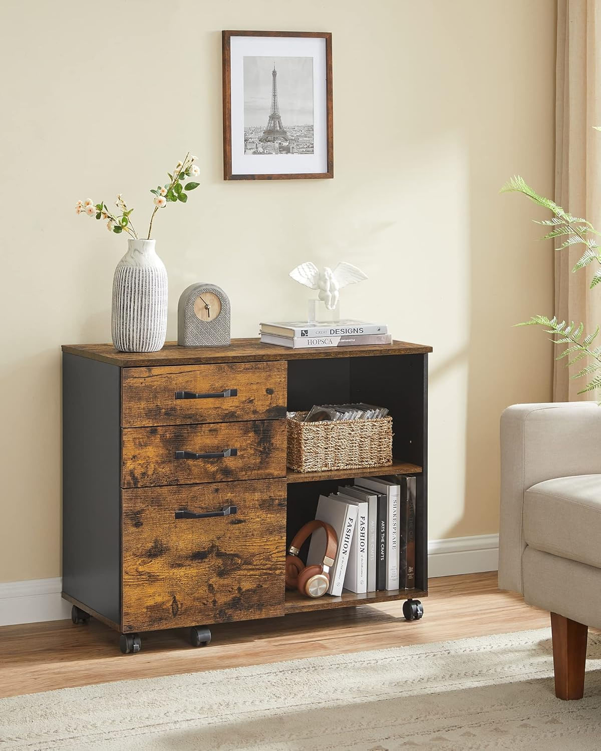 Dulap mobil tip rollbox pentru birouri, sertar cu sina suport dosare, stil industrial, 40x80x66 cm, maro rustic — imaginea 2