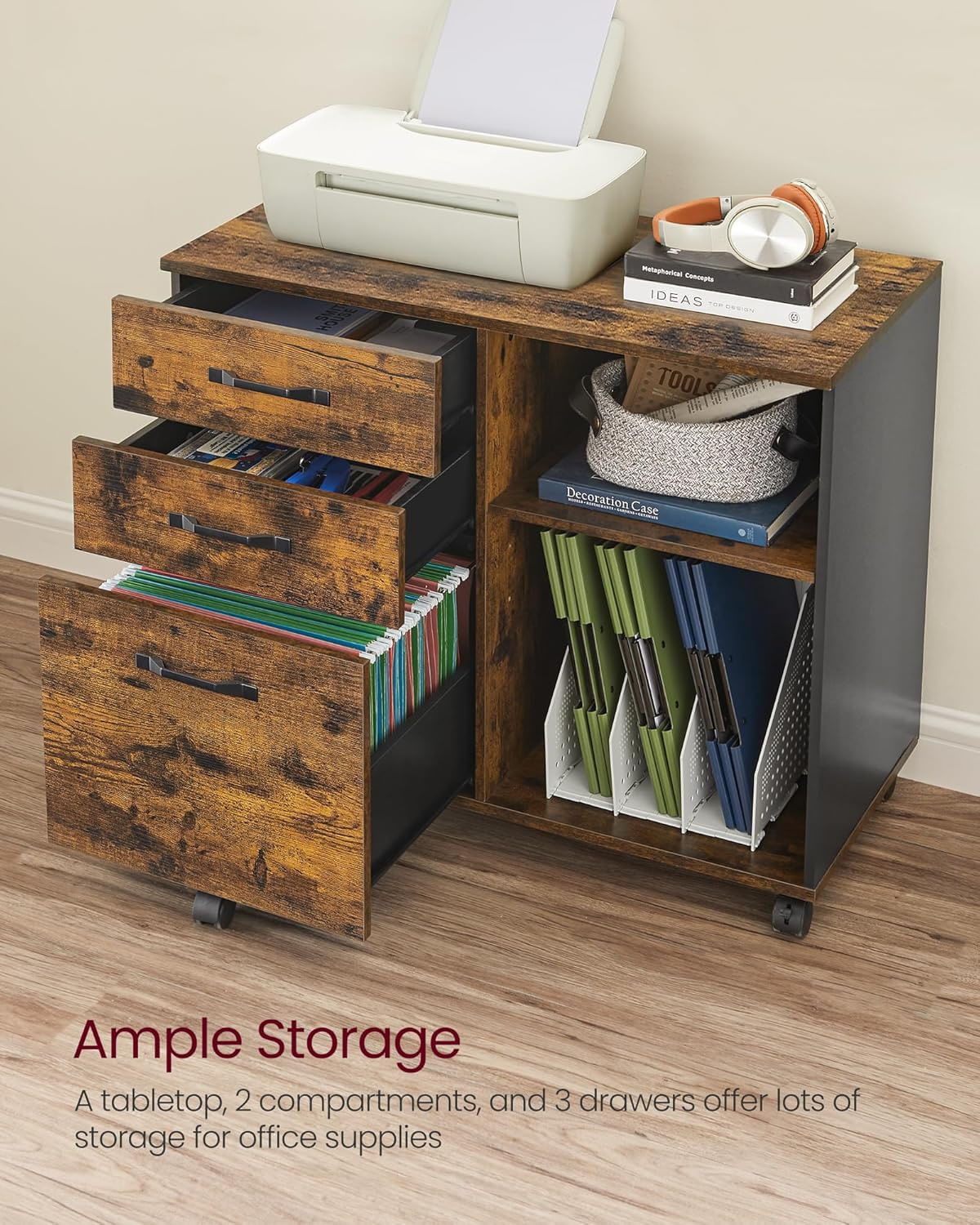 Dulap mobil tip rollbox pentru birouri, sertar cu sina suport dosare, stil industrial, 40x80x66 cm, maro rustic — imaginea 3