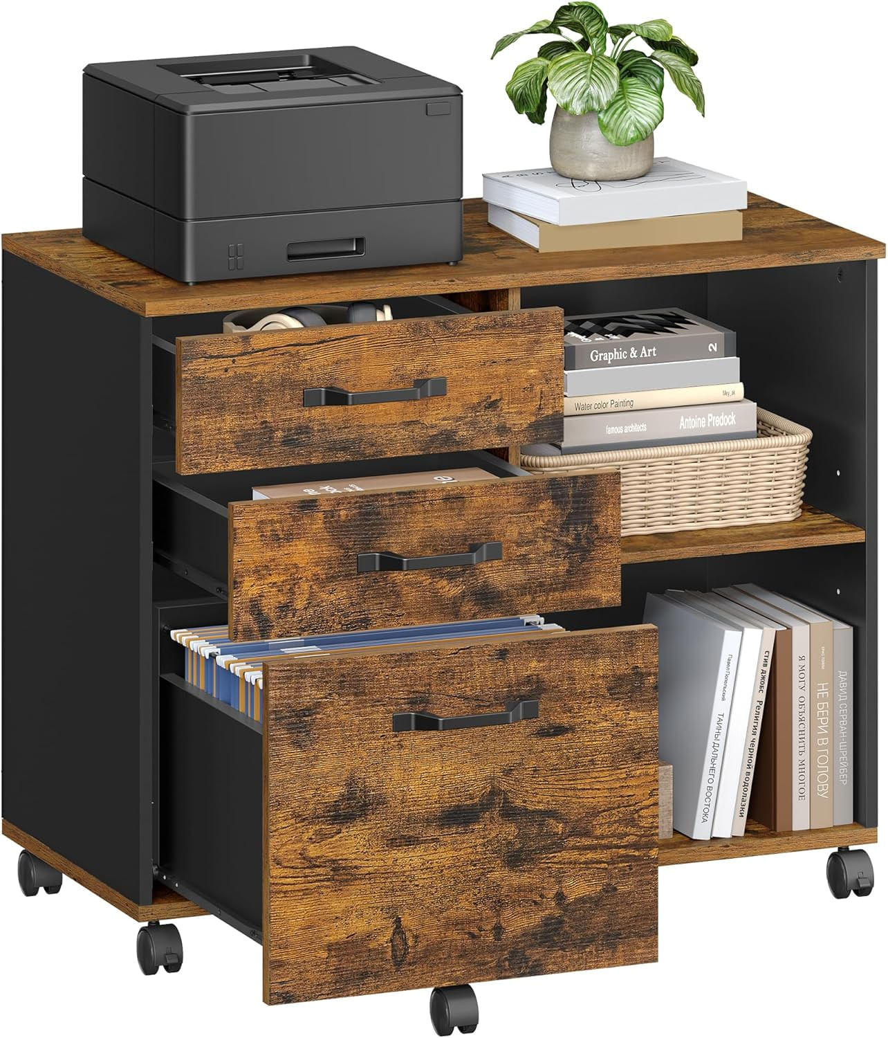 Dulap mobil tip rollbox pentru birouri, sertar cu sina suport dosare, stil industrial, 40x80x66 cm, maro rustic — imaginea 5
