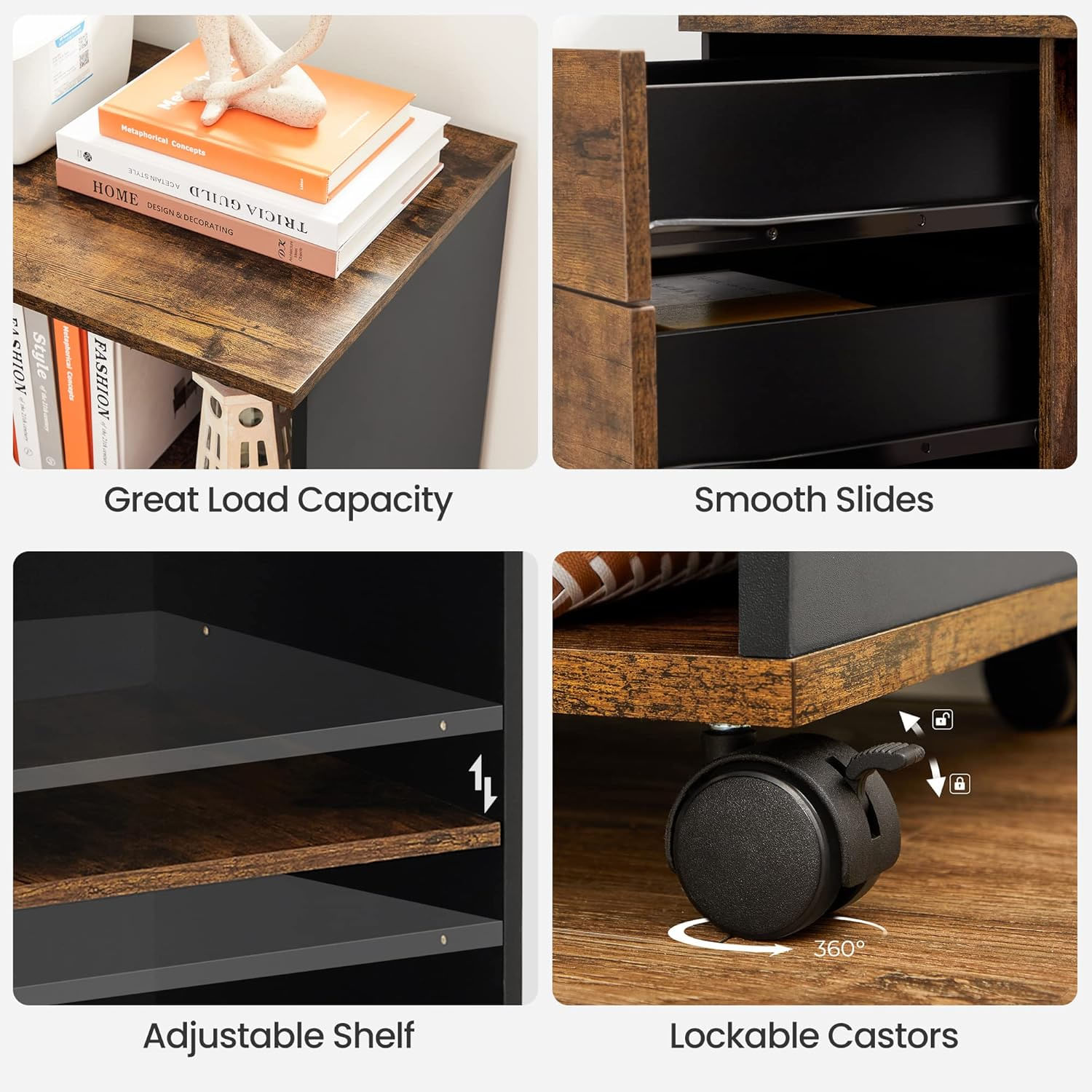 Dulap mobil tip rollbox pentru birouri, sertar cu sina suport dosare, stil industrial, 40x80x66 cm, maro rustic — imaginea 6